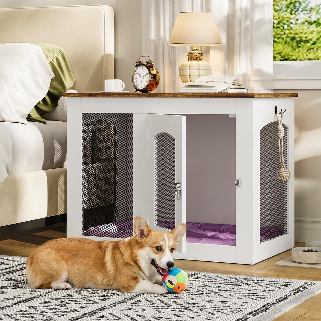 CHOEZON Wooden 30.1' Dog Crate Furniture, Farmhouse Pet Cage End Table with Secure Lock, Ventilated Mesh for Medium Dogs, Dog Kennel Furniture for Living Room, Bedroom, White and Walnut MGW02WL