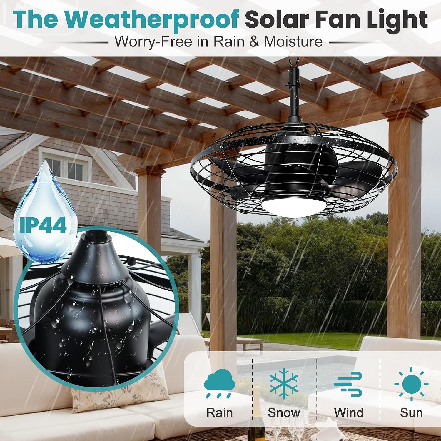 Solar Ceiling Fan Waterproof, 20'' Outdoor Ceiling Fan with Light & Battery, Solar Powered Fans Metal Caged Design for Gazebo, Patios, Pergola, Porch