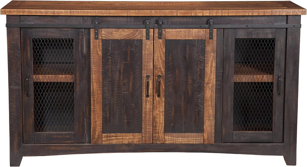 Martin Svensson Home 65' Solid Pine Wood Entertainment Center with Storage. Rustic TV Stand for TVs up to 70.' Sliding Doors, Adjustable Shelves & Cable Management – Black and Honey Finish
