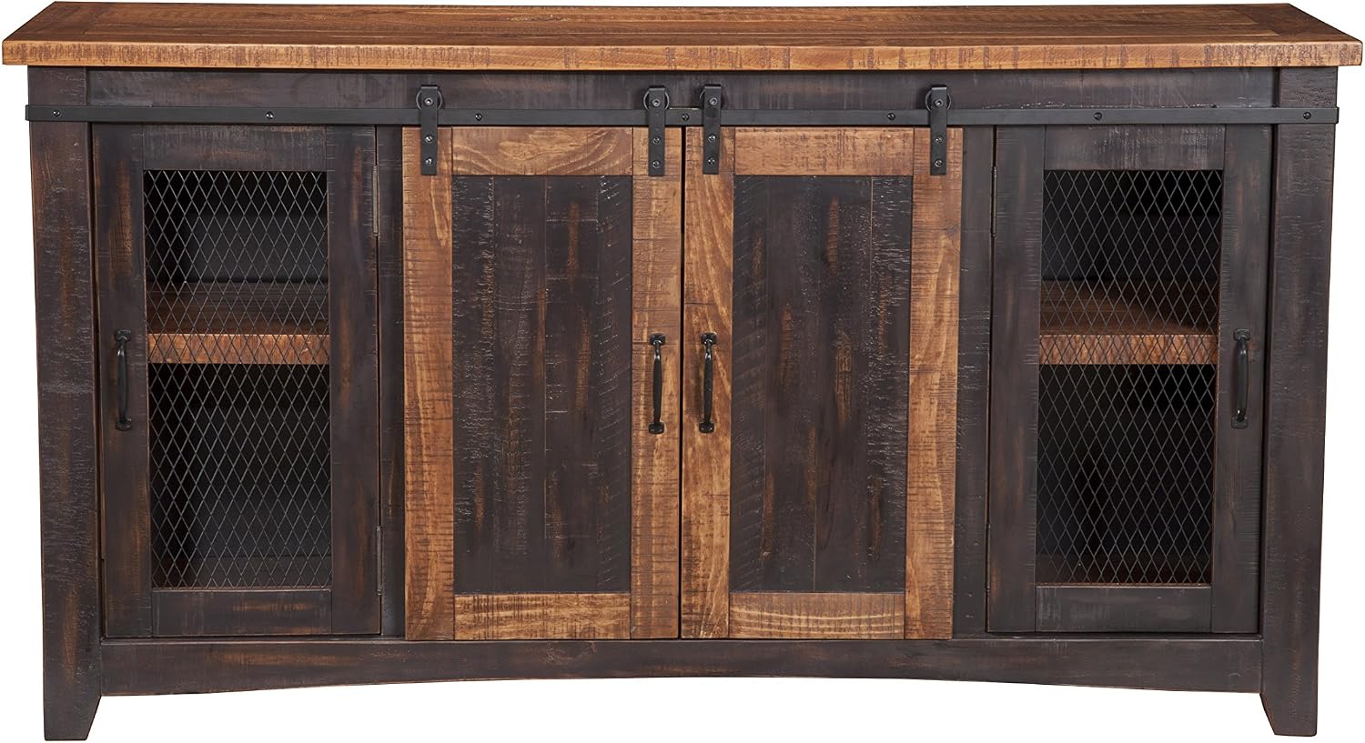 Martin Svensson Home 65' Solid Pine Wood Entertainment Center with Storage. Rustic TV Stand for TVs up to 70.' Sliding Doors, Adjustable Shelves & Cable Management – Black and Honey Finish