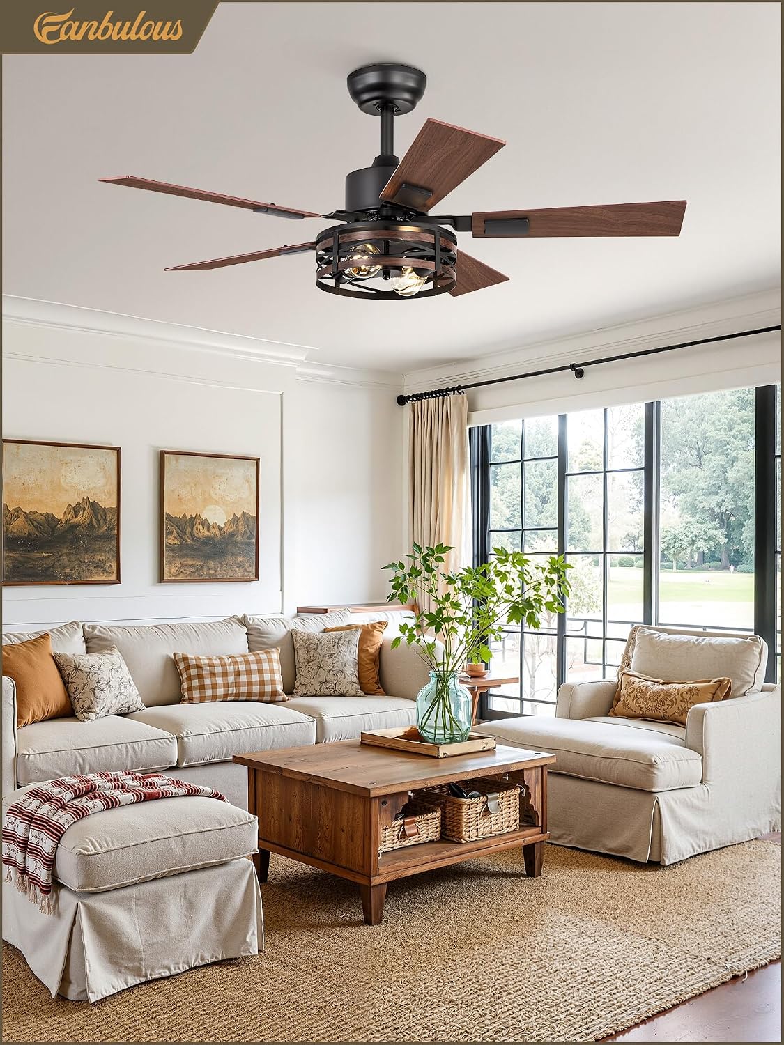 Fanbulous Farmhouse Ceiling Fans with Light, 42 Inch Bedroom Ceiling Fan with Lights, 6-Speed Adjustable, Quiet and Reversible DC Motor, Dual Finish 5 Blades, Rustic Caged Ceiling Fan for Living Room