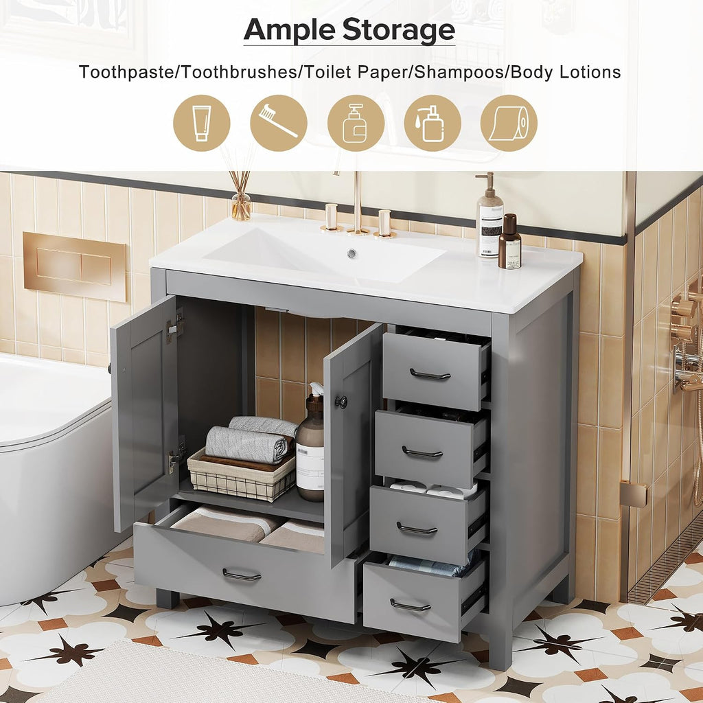 LUMISOL 36 Inch Bathroom Vanity with Sink, Freestanding Bathroom Cabinet with Ceramic Sink, Modern Single Vanity with Soft Close Doors & Drawers for Guest Bath, Master Suite, Rental, Grey