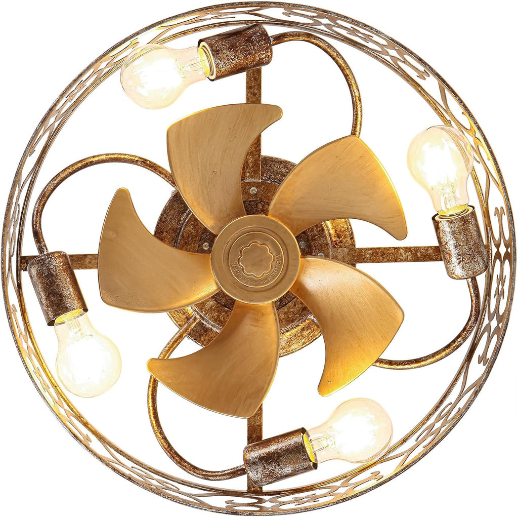 Flush Mount Ceiling Fans with Lights, Farmhouse Low Profile Ceiling Fan with APP & Remote Control, 6-Speed Reversible DC Motor, Caged Chandelier Fans for Bedroom, Living Room, Gold Antique