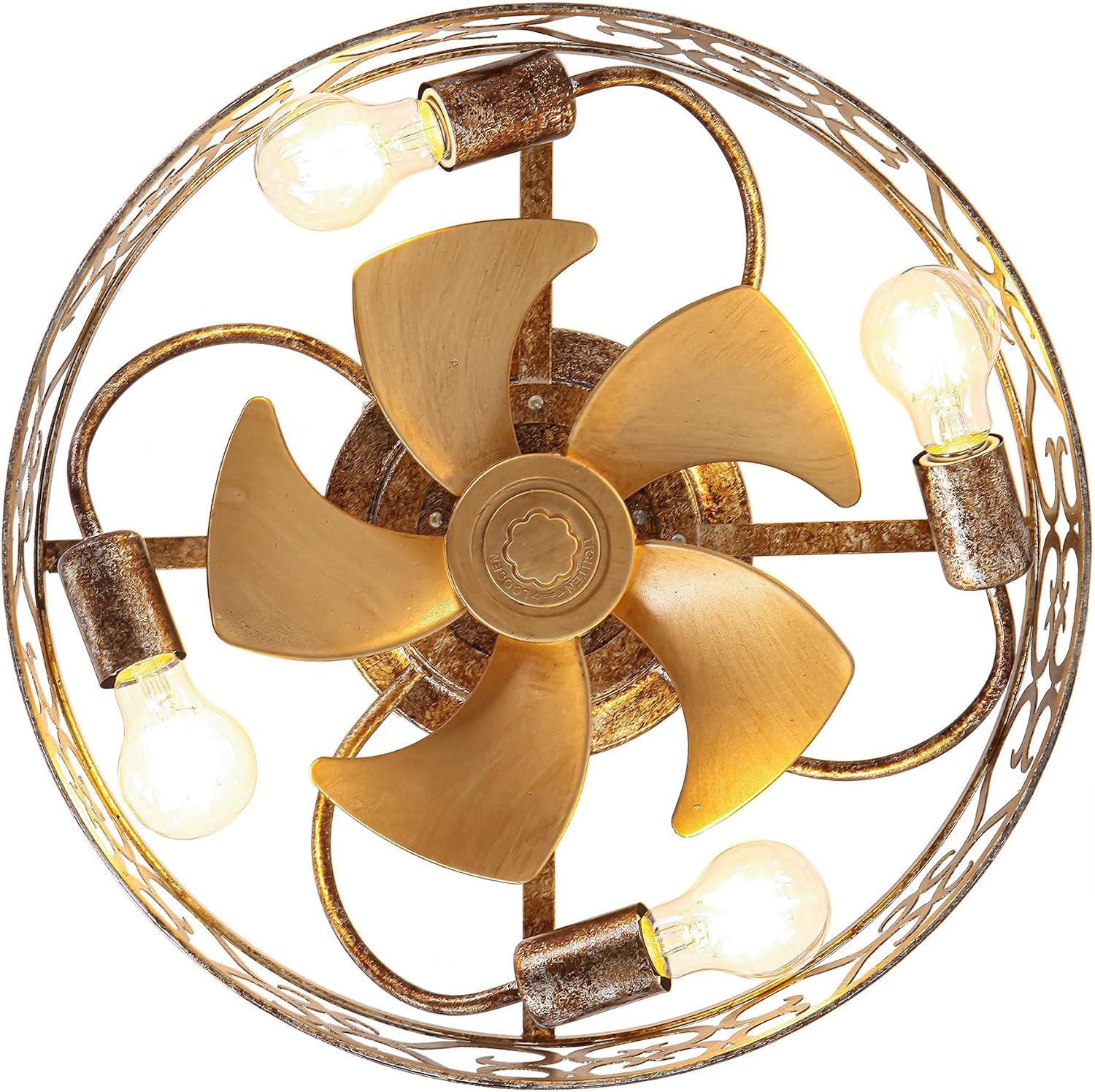 Flush Mount Ceiling Fans with Lights, Farmhouse Low Profile Ceiling Fan with APP & Remote Control, 6-Speed Reversible DC Motor, Caged Chandelier Fans for Bedroom, Living Room, Gold Antique