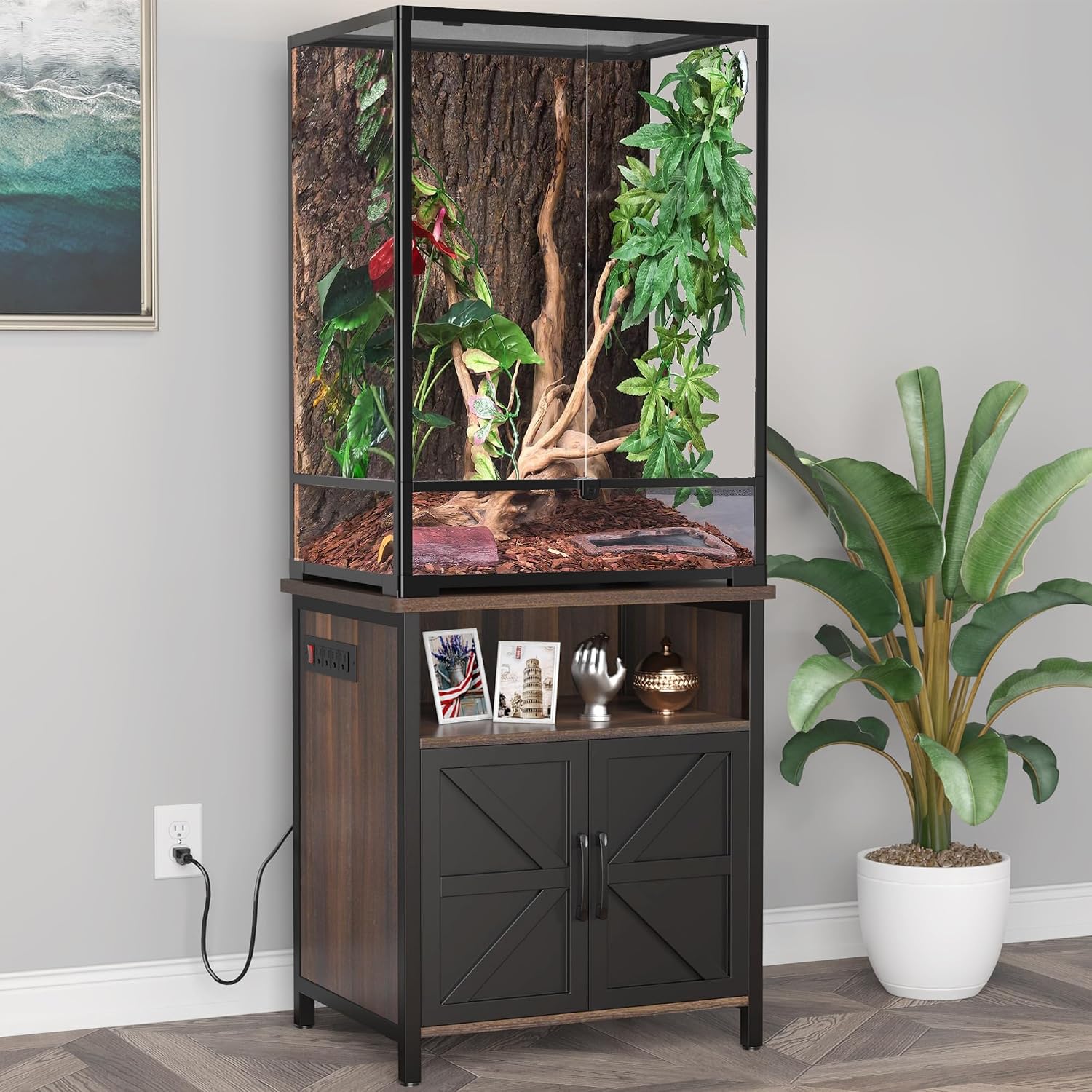 GDLF Terrarium Stand Reptile Tank Stand with Accessories Storage and Power Outlets for 24'Wx18'D Reptile Terrarium