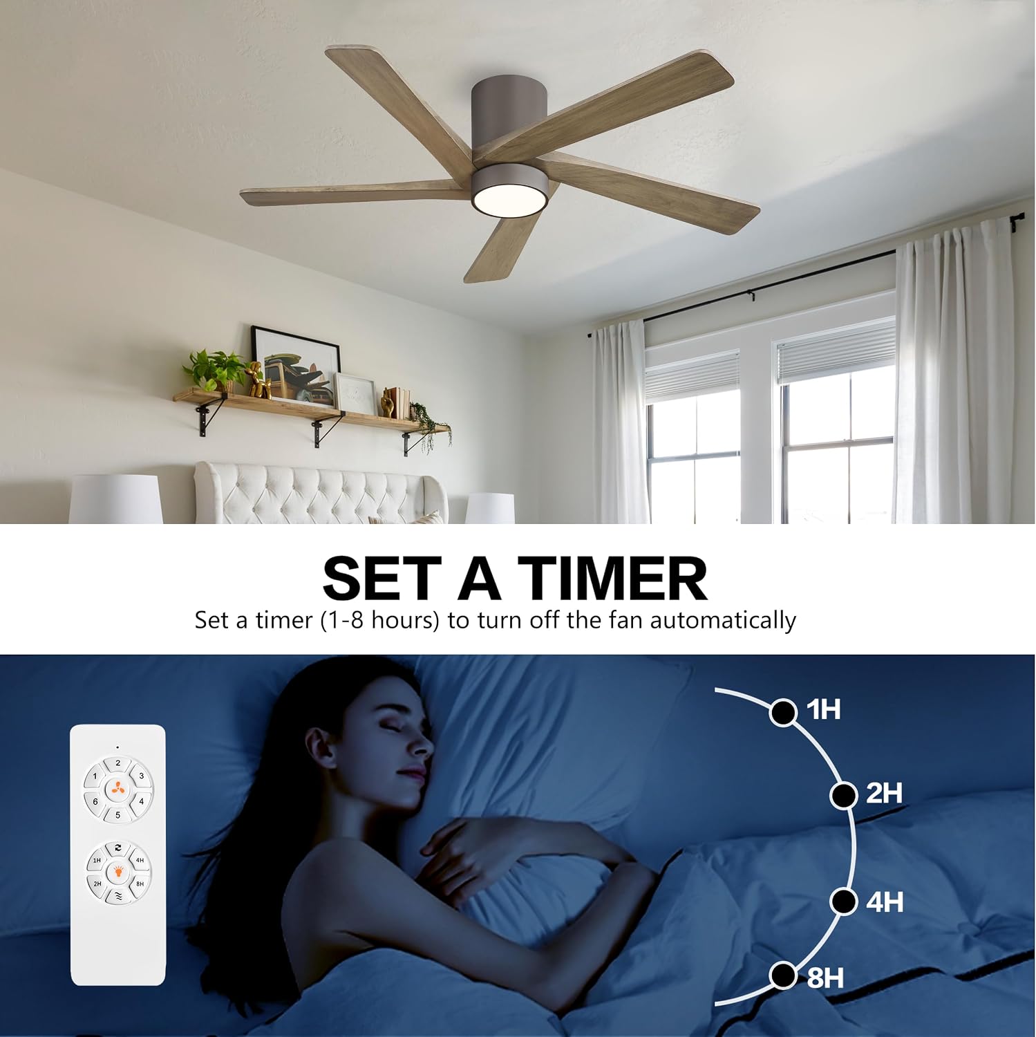 WINGBO 54 Inch Flush Mount DC Ceiling Fan with Lights and Remote, 5 Reversible Carved Wood Blades, 6-Speed Noiseless DC Motor, Hugger Ceiling Fan in Graphite Finish with Gray Blades, ETL Listed