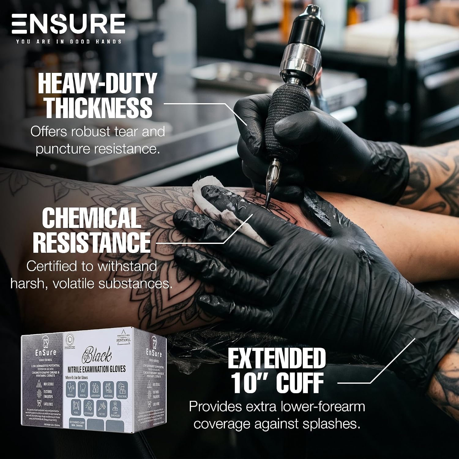 Ensure Black Nitrile Gloves – 5 Mil Heavy-Duty Disposable Gloves, Low Dermatitis, Powder & Latex Free, Chemo-Rated