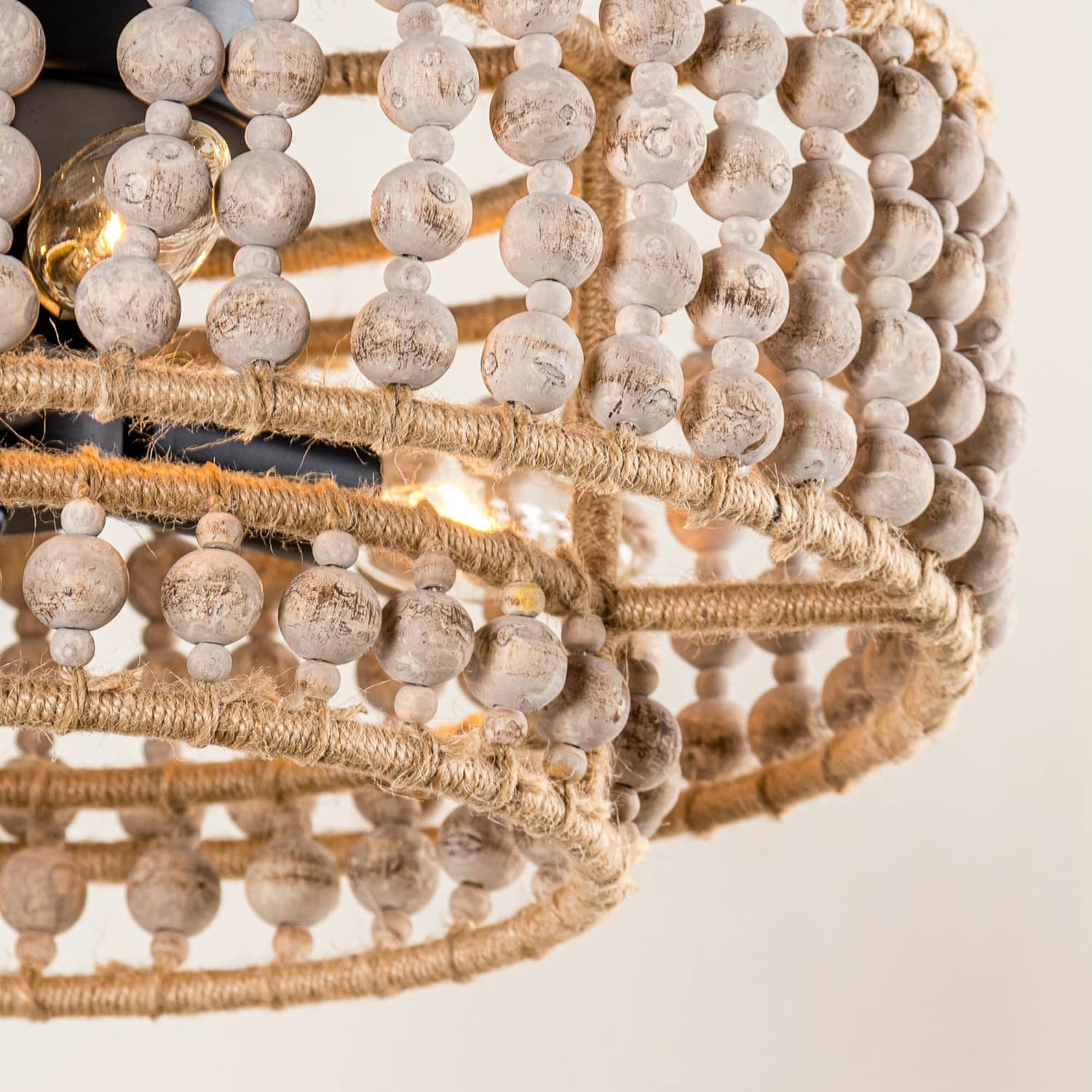 Parrot Uncle Farmhouse Chandeliers for Dining Room, Bohemia Wood Beaded Kitchen Chandelier Over Table, Rustic Flush Mount Ceiling Light for Bedroom, Entryway, Foyer, Hallway, 3-Light
