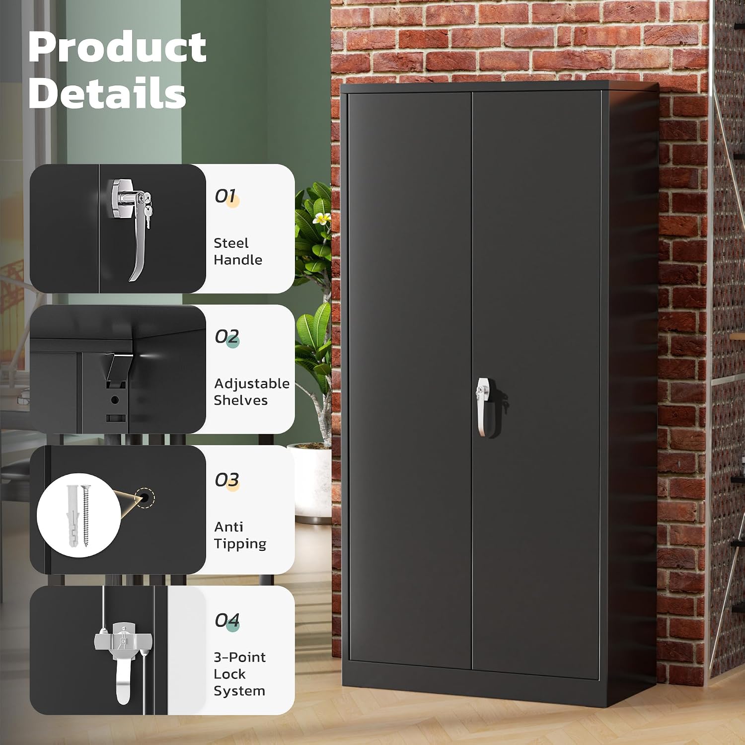 Greenvelly 72' H Metal Storage Cabinet, 36' W x 18' D Black Metal Cabinet with 2 Doors and 4 Adjustable Shelves,Locking Cabinets for Office, Home, Garage, School