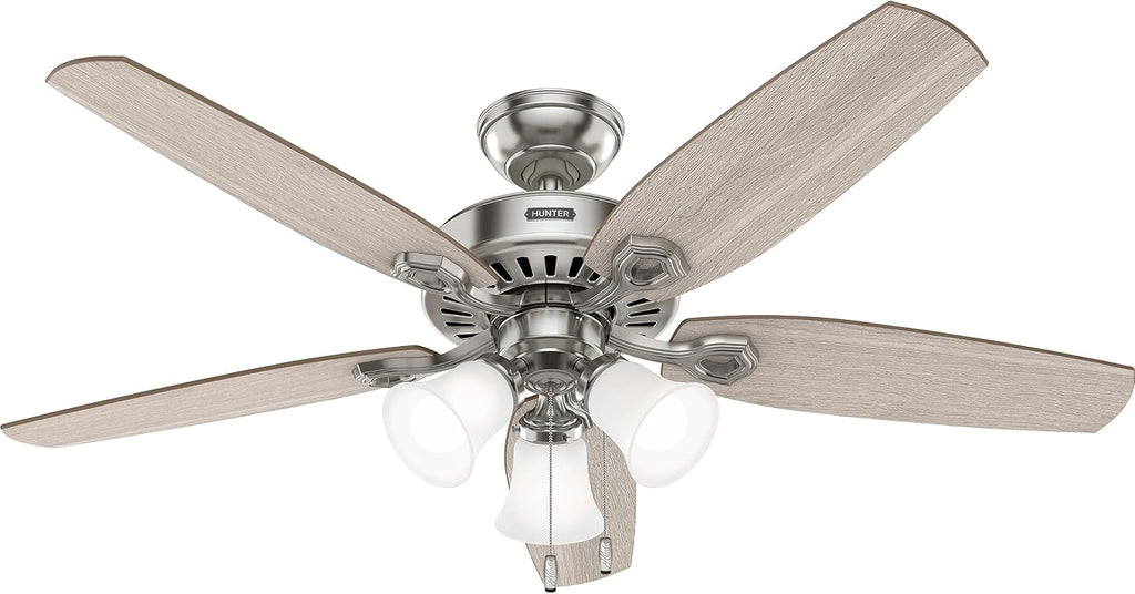 Hunter 52 inch Indoor Ceiling Fan with LED Lights - Ceiling Fan with Pull Chain, For Bedroom or Living Room, Standard Mount, No Remote, 5 Blades, Includes Bulbs - Builder 52729, Brushed Nickel