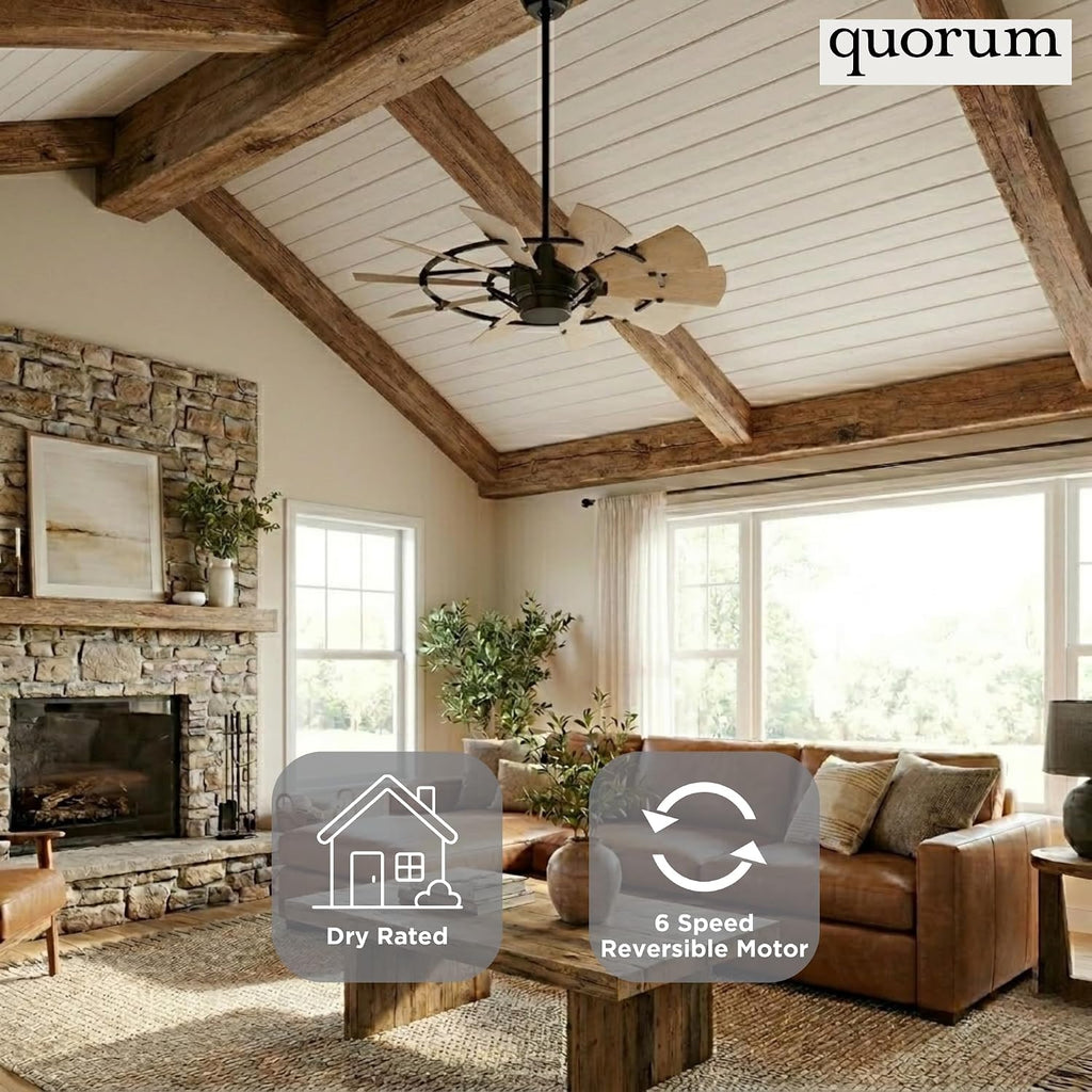 Quorum 95210-69 Windmill 52 Inch Ceiling Fan | 10 Blade Wagon Wheel Design | 6 Speed Reversible DC Motor | Remote Control Included | Dry Rated Indoor Fan | Weathered Oak Blades | Textured Black Finish