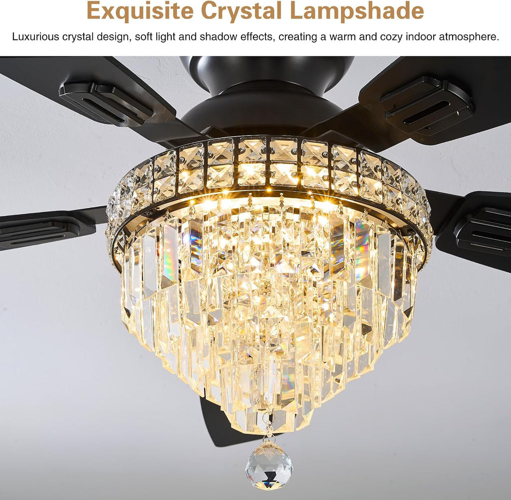 Crystal Ceiling Fan Fandelier with Lights-Ceiling Fans with Lights,54' Low Profile and Remote Control, Flush Mount, Reversible, Dimmable, Noiseless, Black Ceiling Fan for Bedroom