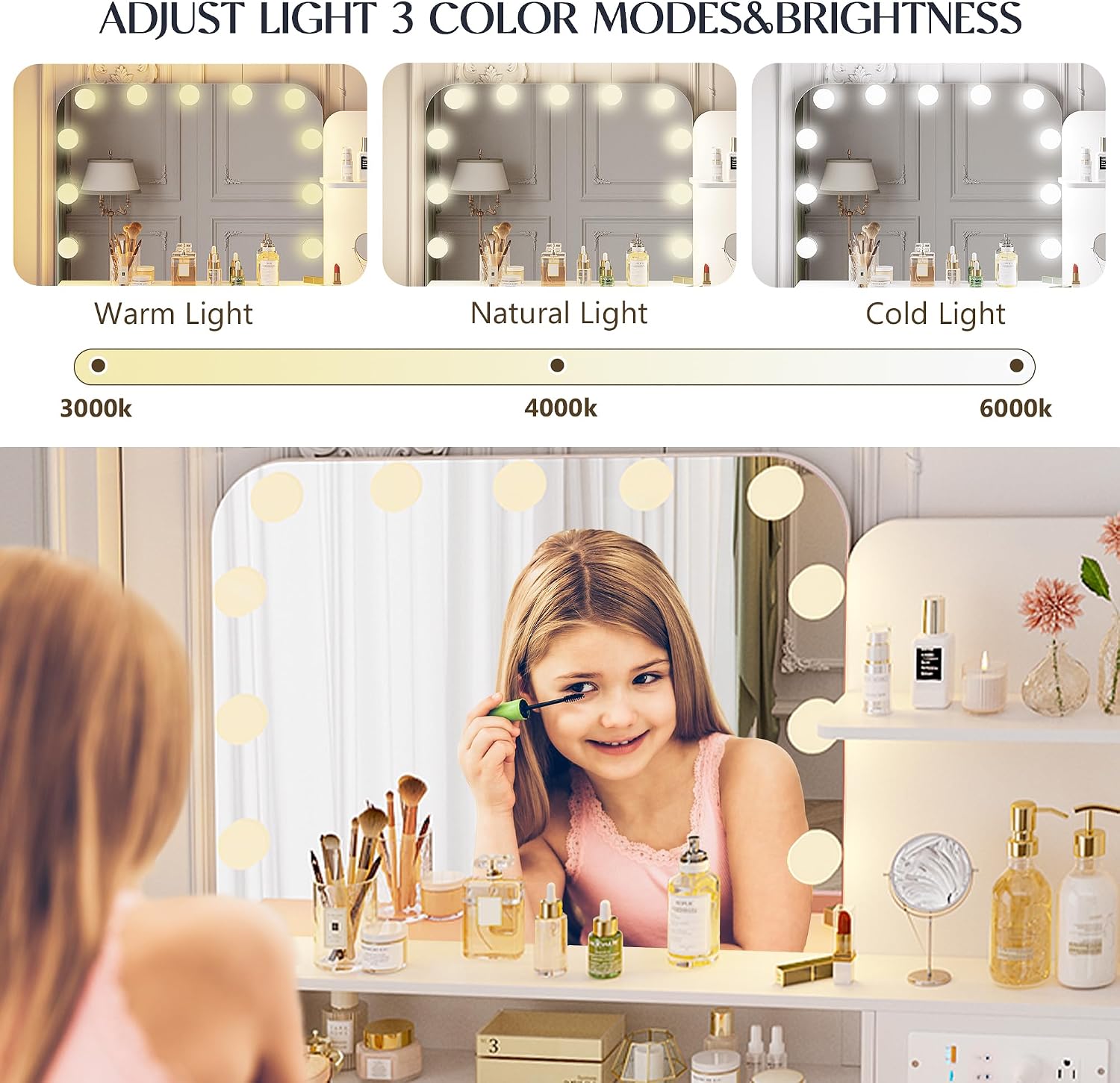 Lareth Vanity Desk with Lighted Mirror, 39.4 inch Vintage Makeup Table with Power Outlet, Bedroom Vanity Dressing Table with Adjustable Lights & 2 Drawers, Gifts for Teen Girls Women, White