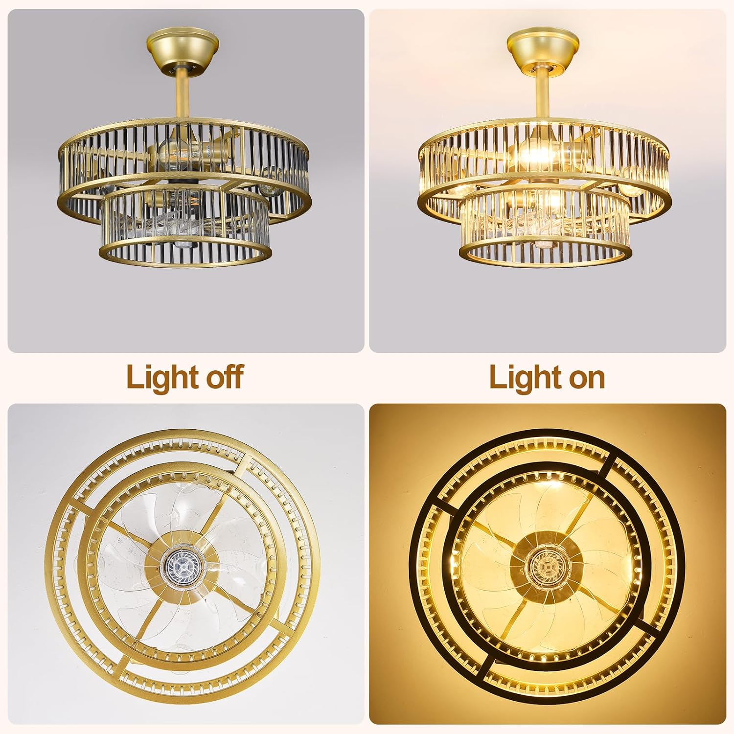 Depuley Bedroom Ceiling Fan with Lights: 20' Gold Chandelier Cagd Fan with Remote Control - Modern Crystal Fandelier for Girl's Bedroom Living Room Nursery (E26 Bulbs Not Included)