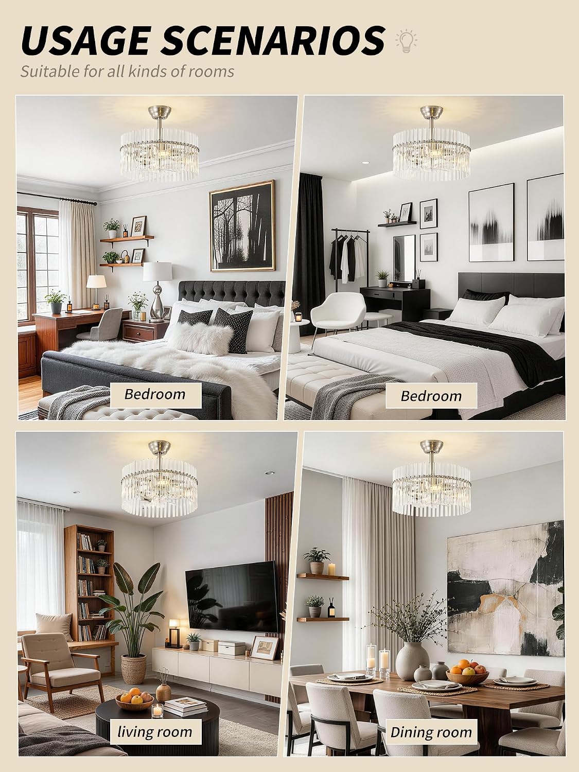 SYDACG 20' Silver and Clear Crystal Fandelier Ceiling Fan with Light, Mid-Century Chandelier Ceiling Fan with Light Remote Control, 6 Speeds for Bedroom, Nursery, Living Room