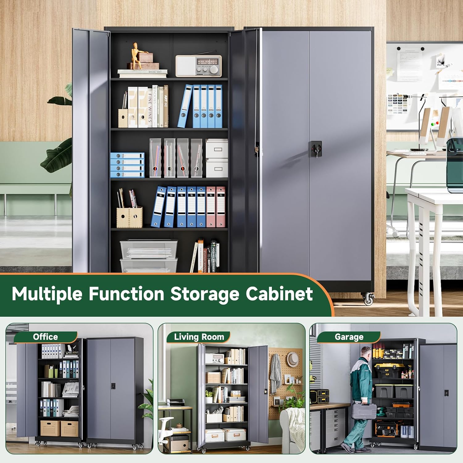 Letaya Metal Garage Storage Cabinets with Lock Door and Adjustable Shelves, Steel Tool Cabinets for Home,Office,Warehouse Organisieren (Black Grey, 75' H)