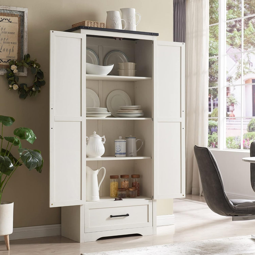 JXQTLINGMU Farmhouse Kitchen Pantry Cabinet - 72' Tall Wood Kitchen Storage Cabinets with Adjustable Shelves & 2 Barn Style Doors & Drawer, Versatile Storage for Dining Room, Bathroom, Antique White
