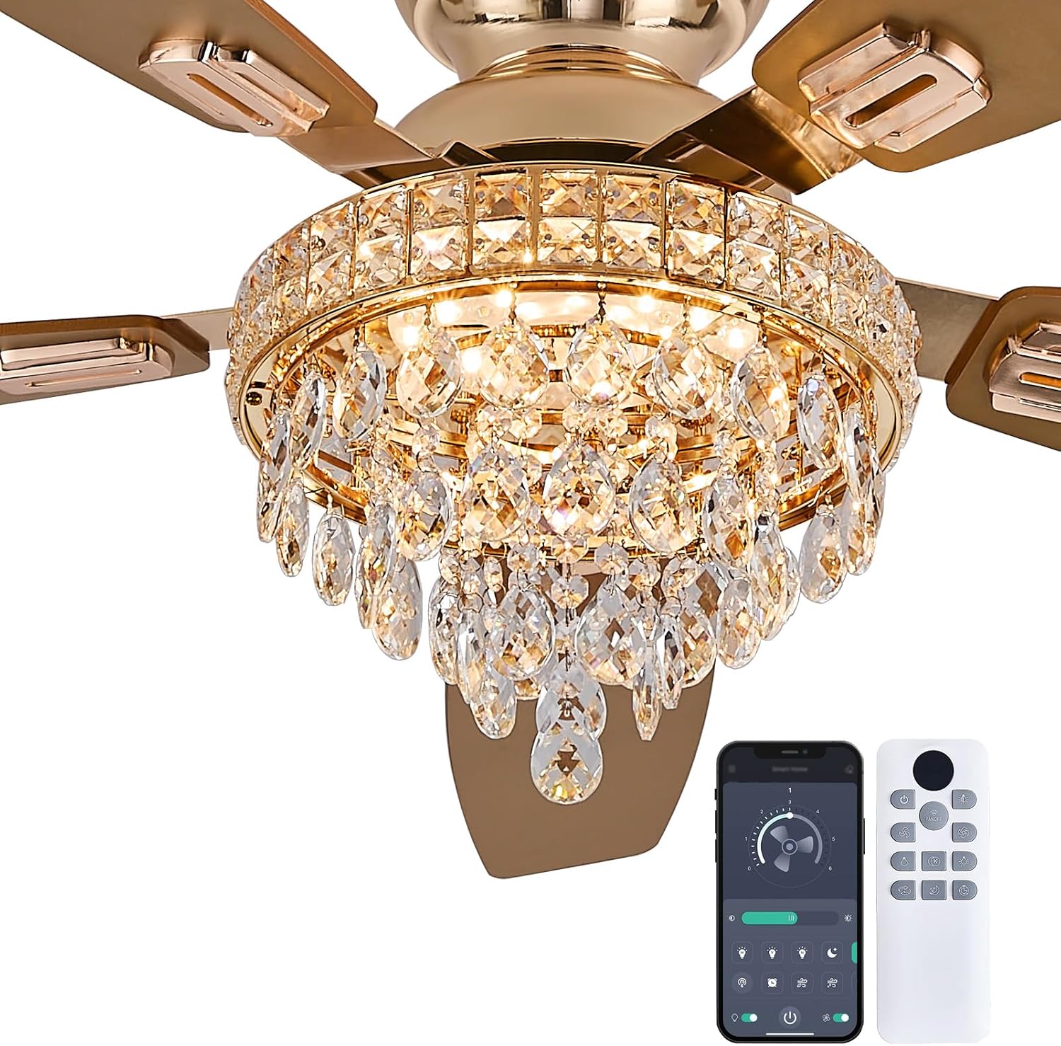 Crystal Ceiling Fan Fandelier with Lights-Ceiling Fans with Lights,54' Low Profile and Remote Control, Flush Mount, Reversible, Dimmable, Noiseless,Gold Ceiling Fan for Bedroom