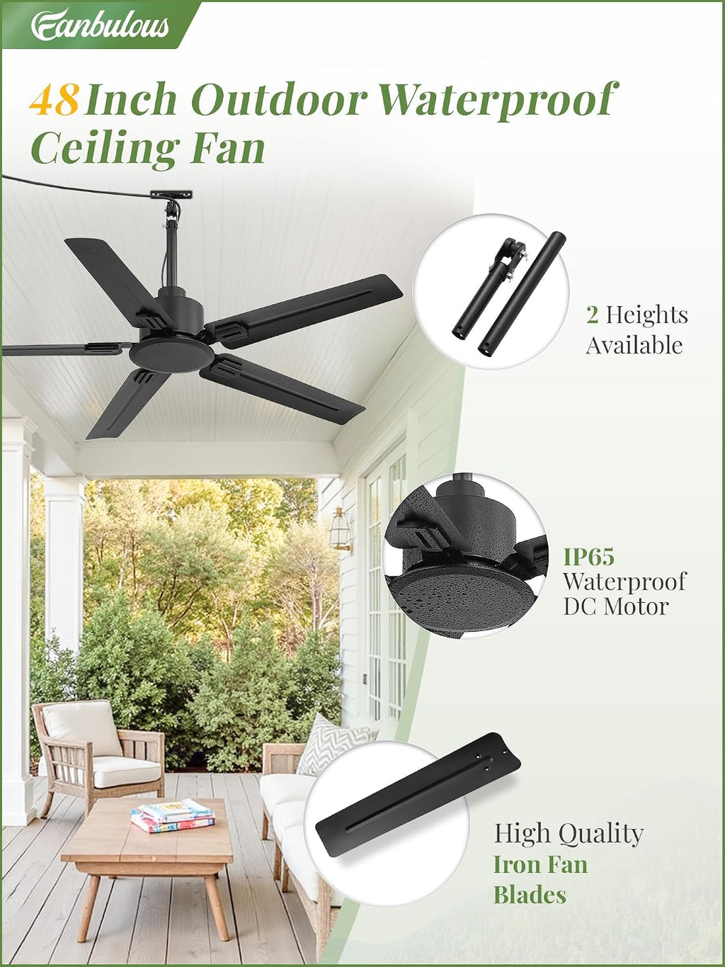 Fanbulous 48'' Outdoor Ceiling Fan No Light,IP65 Wet Rated Waterproof Ceiling Fan with Remote, 6-Speed DC Motor, Farmhouse Gazebo Fan for Porch Patios Pavilion(Black)