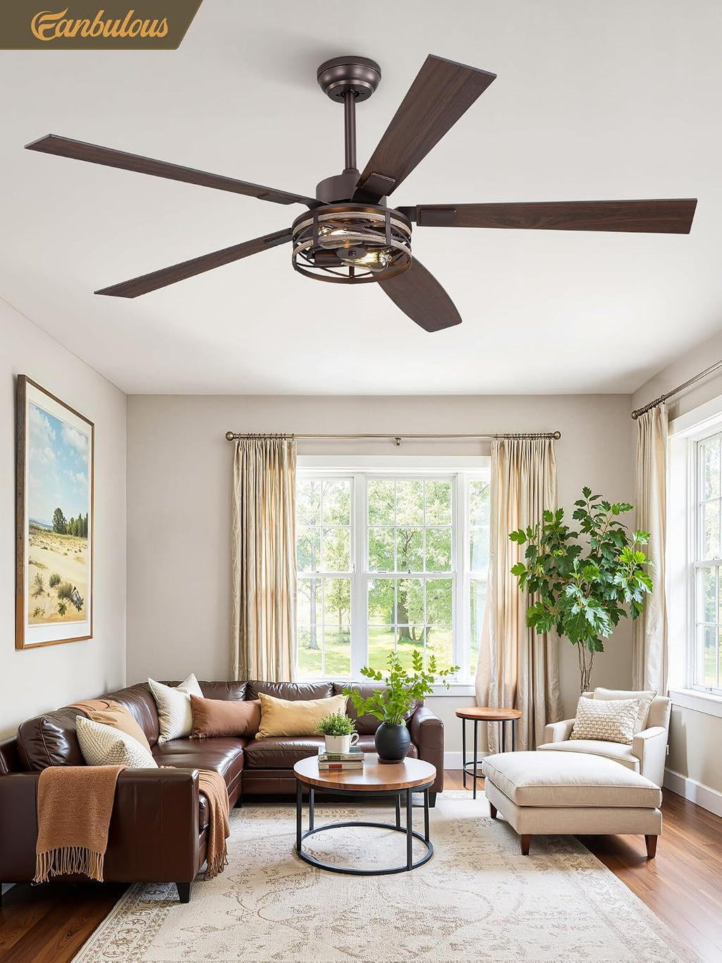 Fanbulous Farmhouse Ceiling Fans with Light, 60 Inch Bedroom Ceiling Fan with Lights, 6-Speed Adjustable, Quiet and Reversible DC Motor, 5 Dual Finish Blades, Rustic Caged Ceiling Fan，Oil Bronze