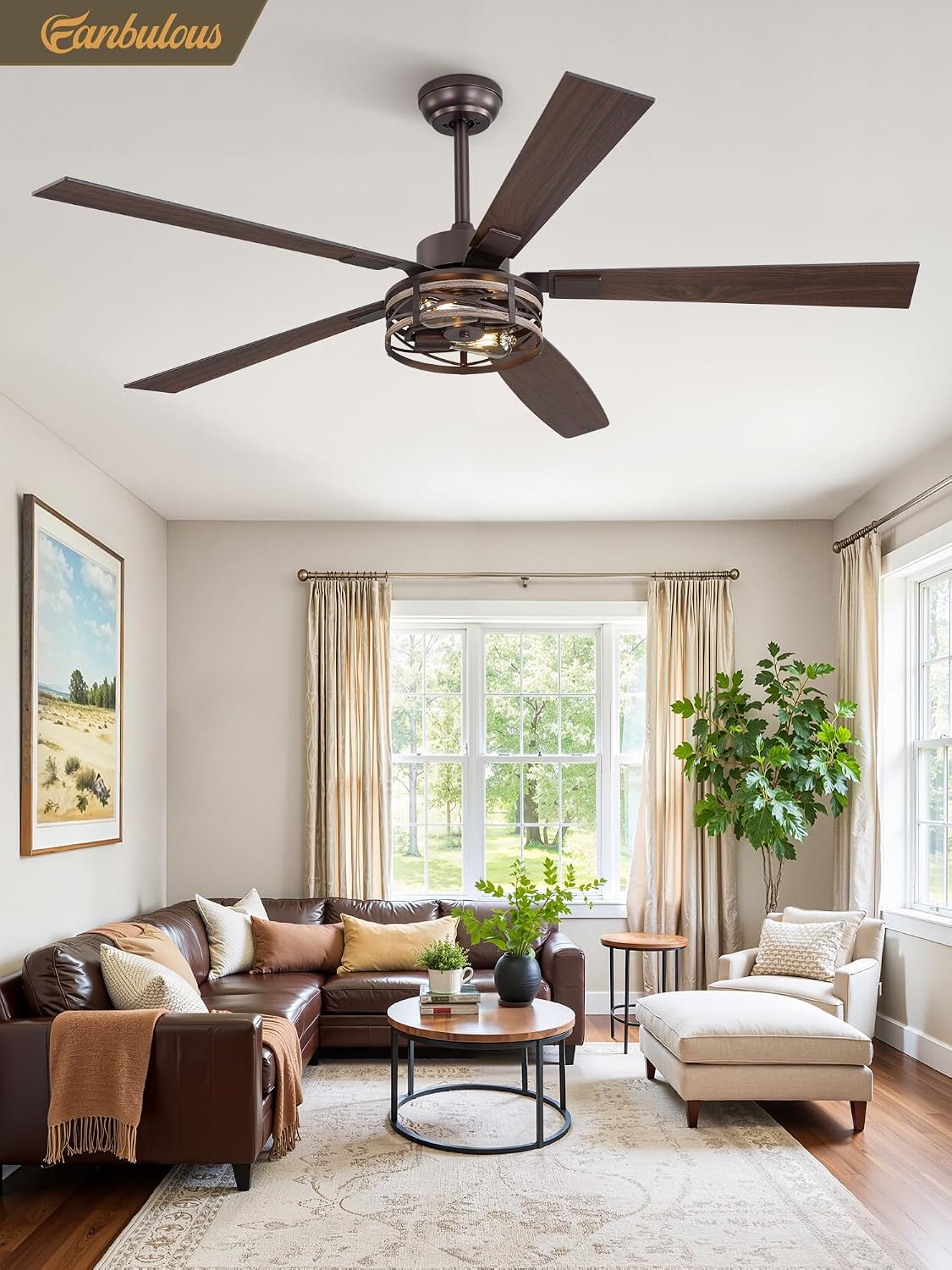 Fanbulous Farmhouse Ceiling Fans with Light, 60 Inch Bedroom Ceiling Fan with Lights, 6-Speed Adjustable, Quiet and Reversible DC Motor, 5 Dual Finish Blades, Rustic Caged Ceiling Fan，Oil Bronze