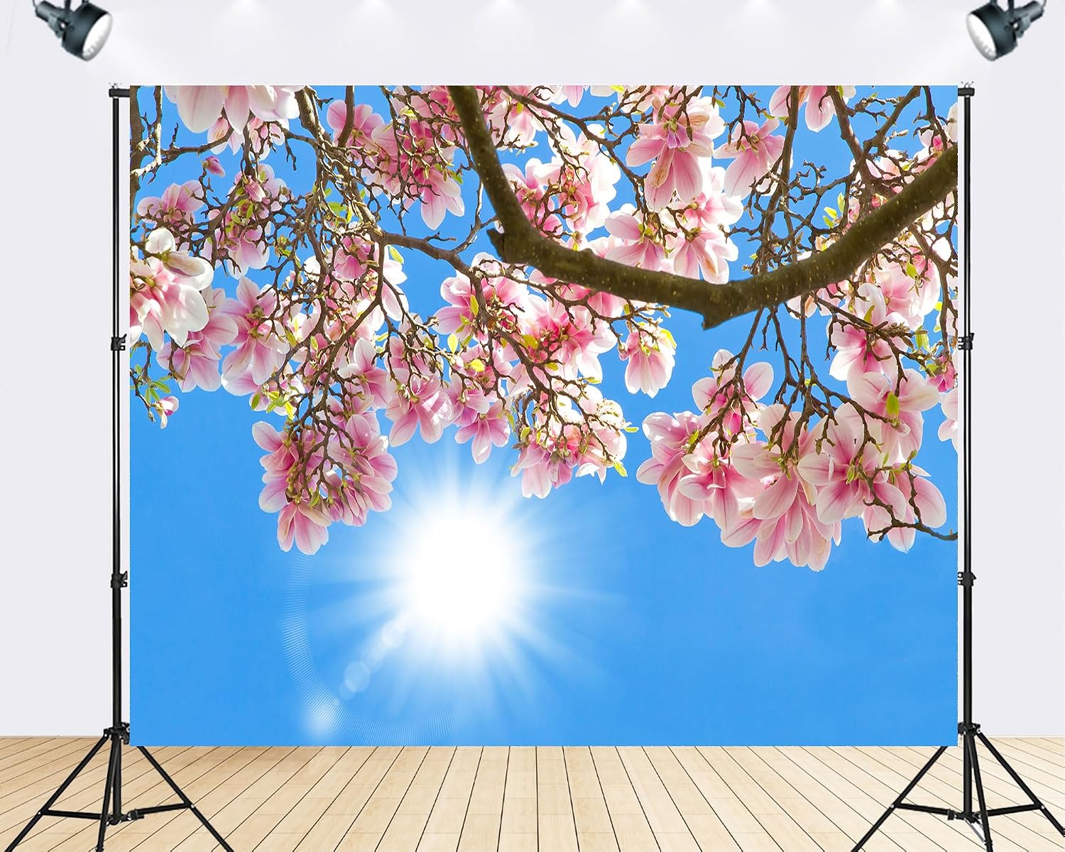 Trykid 20x10ft Pink Blossoms Blue Sky Backdrop Sunlit Spring Blooms Clear Daylight Floral Canopy Nature Photography Background Tapestry Party Decoration Photo Studio Prop Fabric