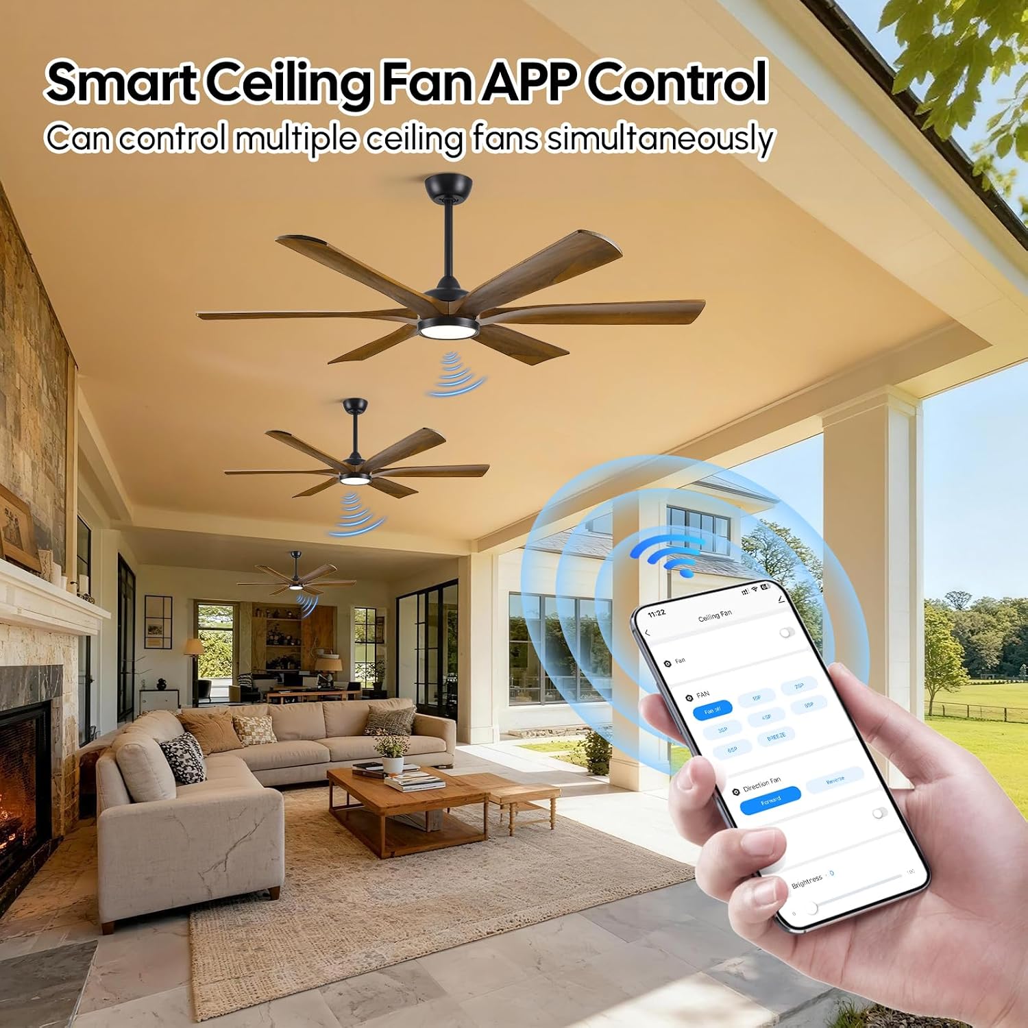 72 Inch Outdoor Ceiling Fan with Light for Patio, Smart Alexa/APP/Remote Control, 6 Brown Wood Blades Damp Rated, Large Airflow Quiet Reversible DC Motor, for Indoor Covered Exterior Farmhouse Bedroom