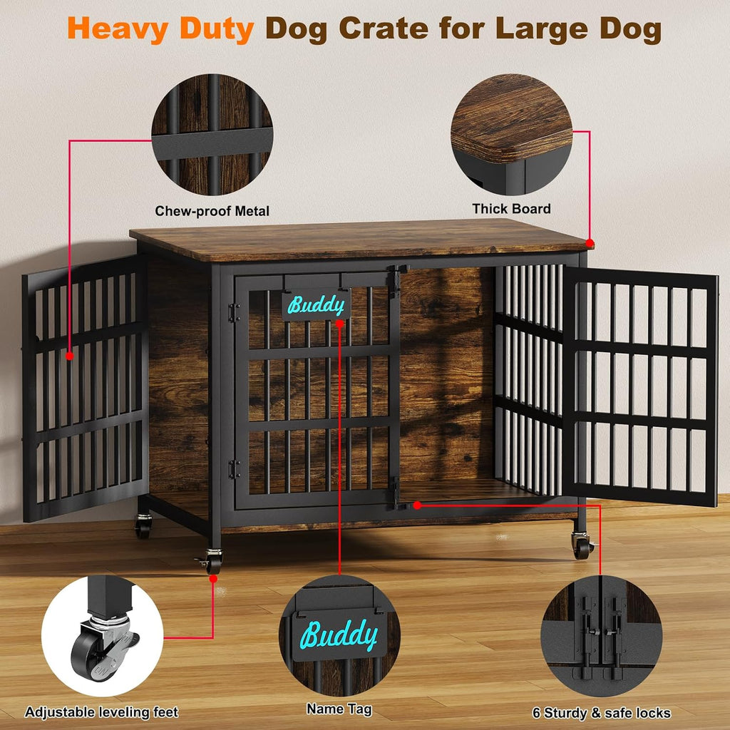 EasyCom 42'/41'/33' Dog Crate Furniture with Name Tag, XL Heavy Duty Dog Kennel Indoor for Large and Medium Dogs, Double-Doors Sturdy Dog Cage for Anxiety Dog, Decorate House as TV Stand
