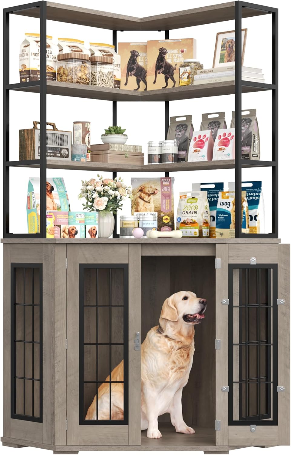 FACBOTALL Corner Dog Crate Furniture with Storage, Decorative Large Dog Kennel Indoor Furniture with Double Doors, 2 Safety Locks, 4-Tier Shelves, Large Dog Cage Furniture for Medium and Big Dogs