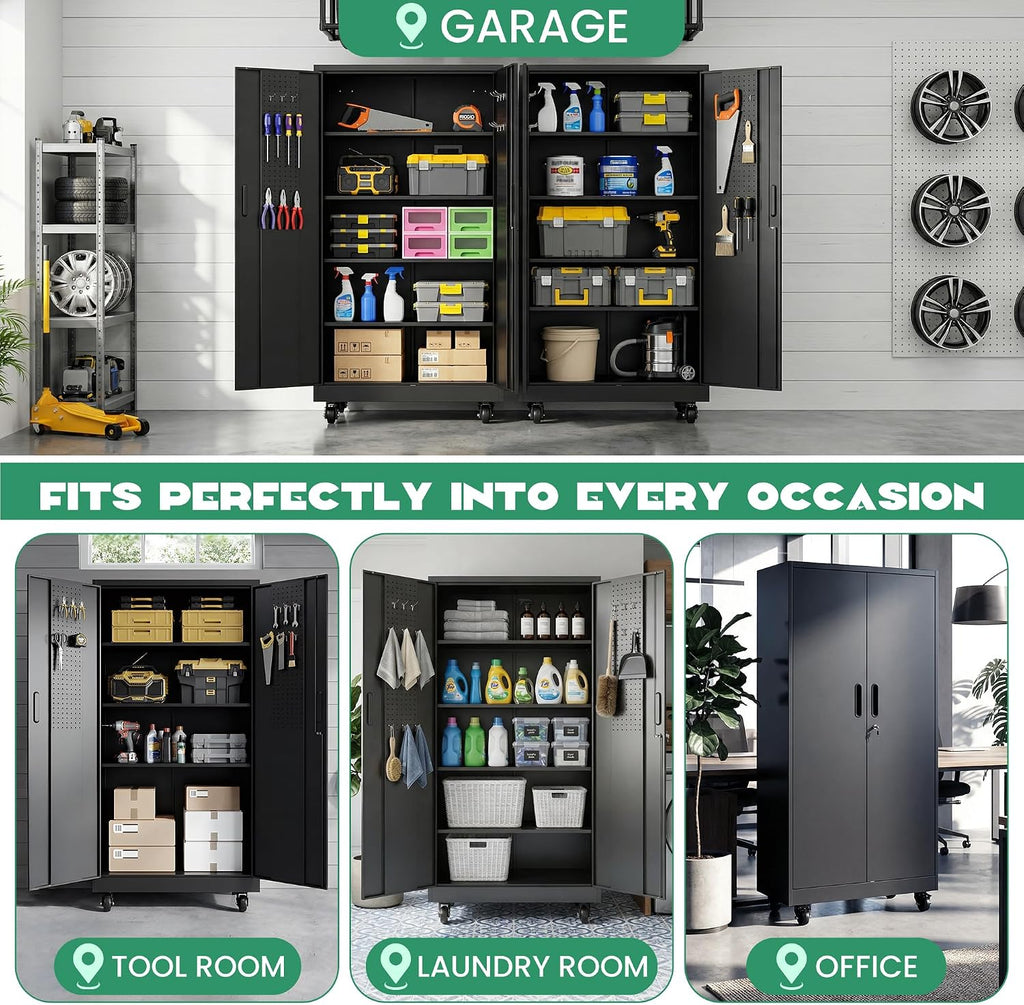 Rolling Tool Cabinet with Pegboard, 71' Tool Cabinets with 4 Adjustable Shelves for Garage, Tool Room, Assembly Required(Black),2PACK