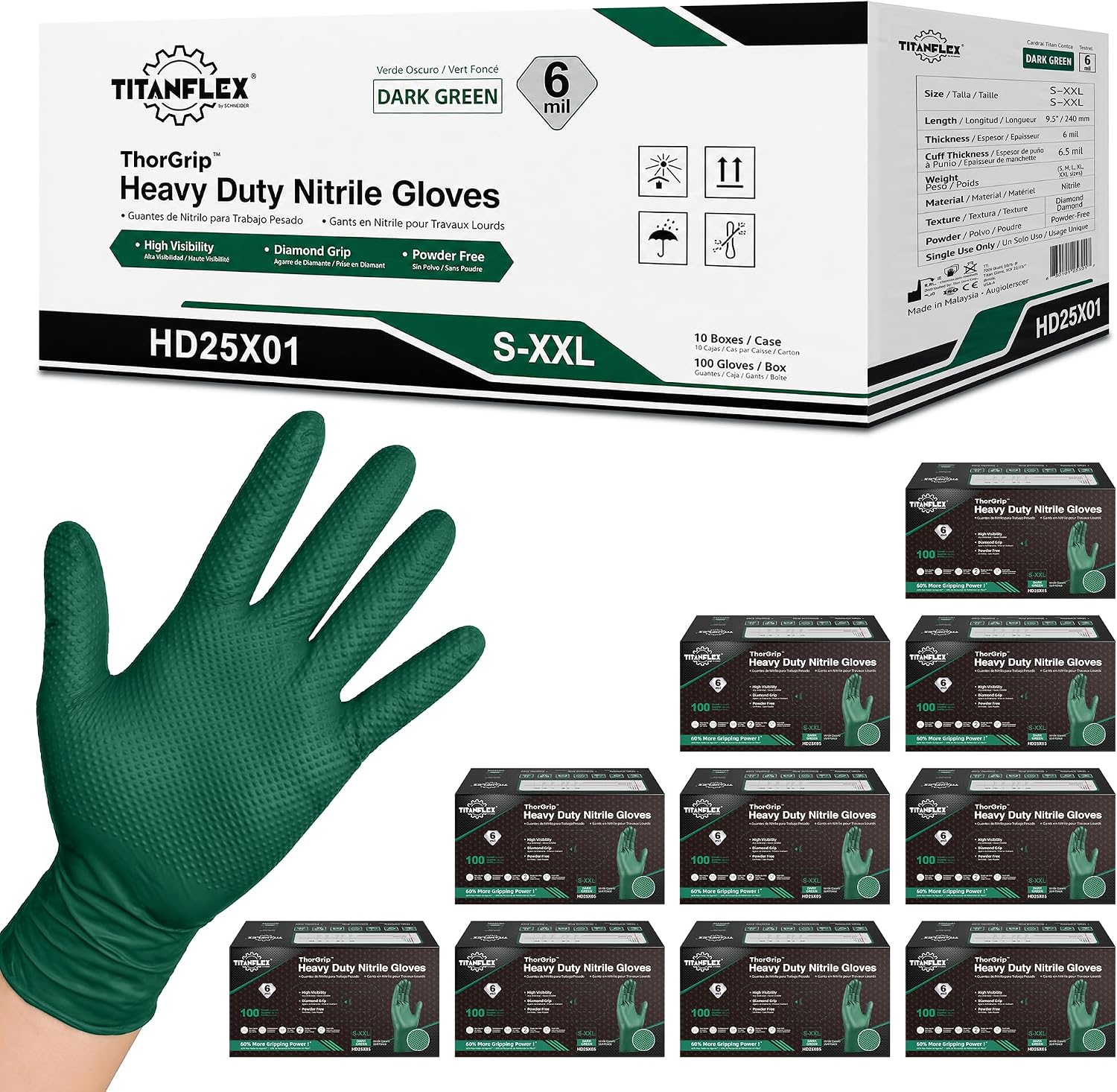 TitanFlex Heavy Duty Industrial Nitrile Gloves with Raised Diamond Texture, 6-mil, Latex Free (Dark Green/Yellow)