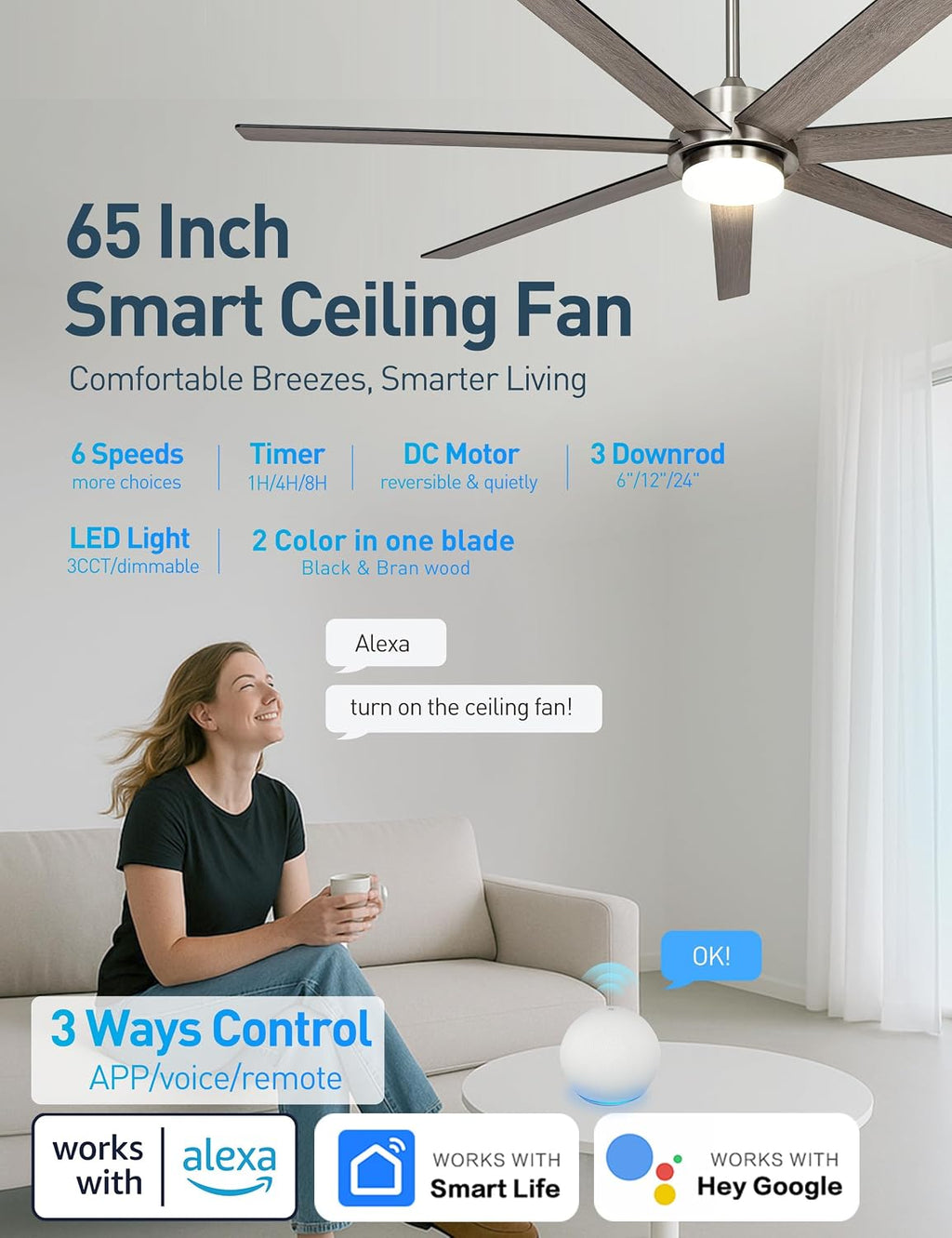 Minislak 65 Inch Large Smart Ceiling Fan with Light and Remote via WIFI Alexa APP Control,Dimmable,Quiet DC Motor Indoor Outdoor Ceiling Fans for Patios or Bedroom