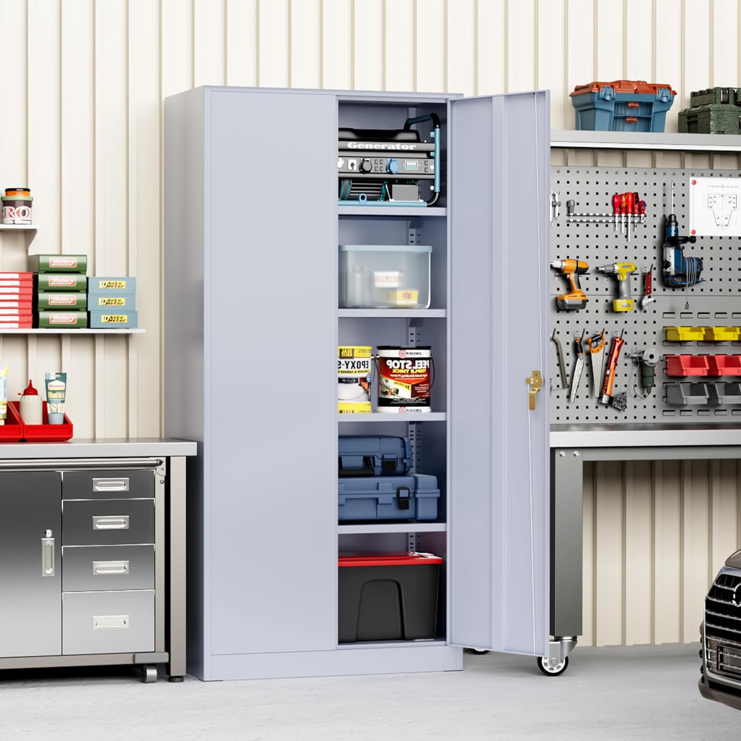 Greenvelly Metal Storage Cabinet with Doors and Shelves, 72' Inch Locking Metal Cabinet,Garage Storage Cabinet for Garage Office School Warehouse (Dark Gray)