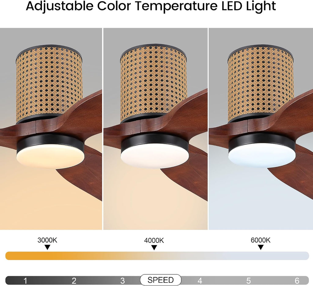 LEDLUX 52' Ceiling Fan with Light - Low Profile Flush Mount Ceiling Fan, 6-Speed Remote Control, Solid Wood, Quiet Reversible DC Motor,Walnut/Black Finish, for Bedroom, Living Room, Porch