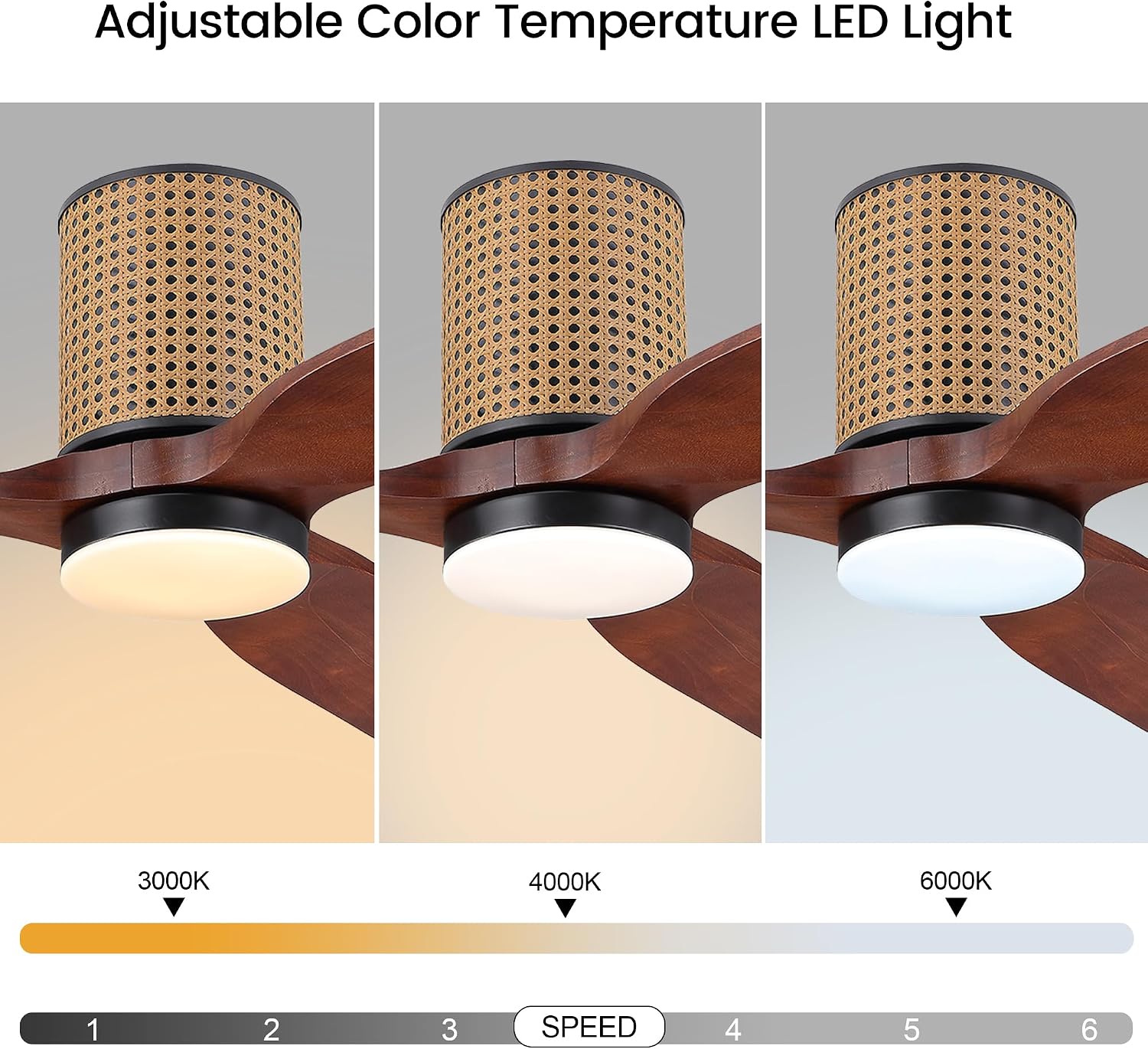 LEDLUX 52' Ceiling Fan with Light - Low Profile Flush Mount Ceiling Fan, 6-Speed Remote Control, Solid Wood, Quiet Reversible DC Motor,Walnut/Black Finish, for Bedroom, Living Room, Porch