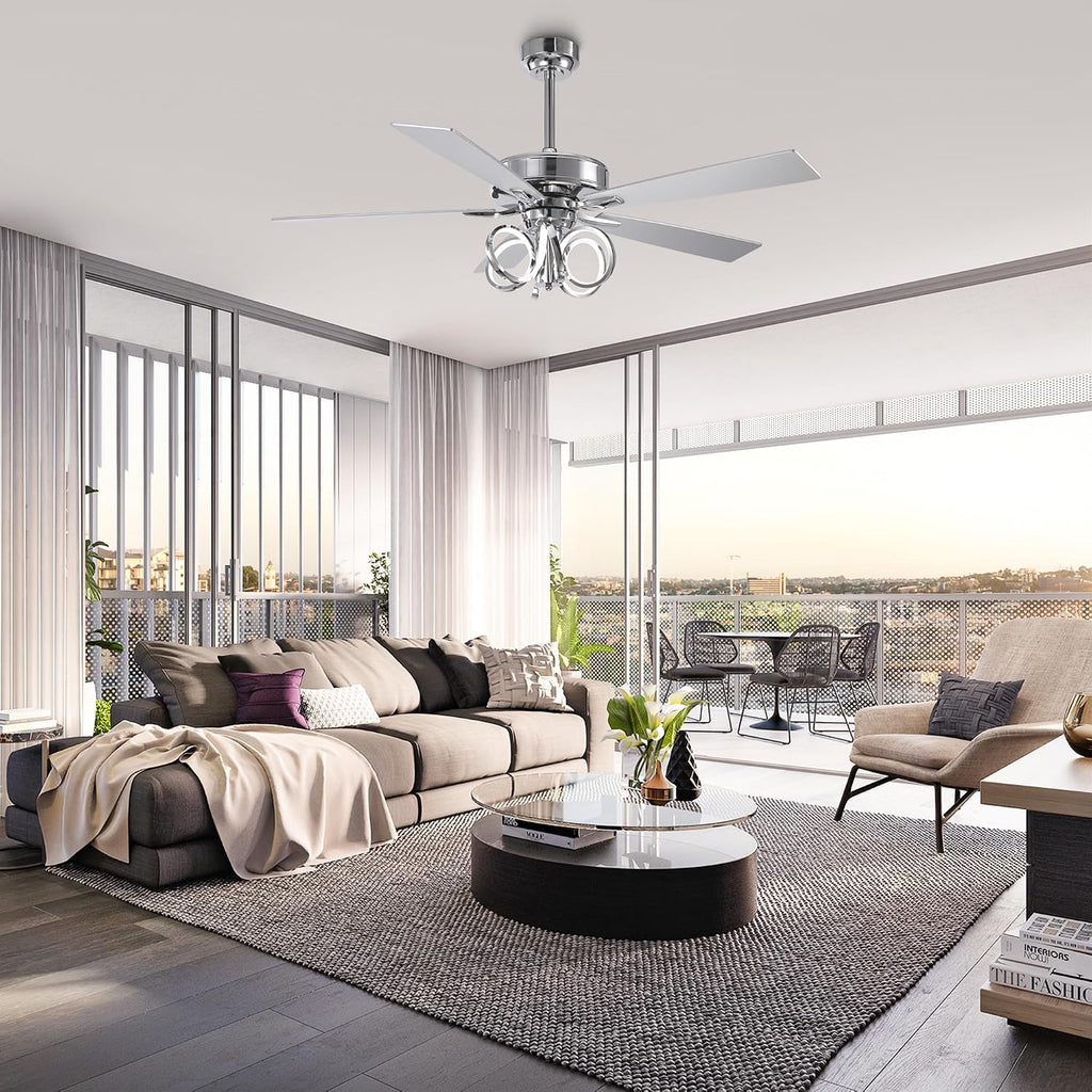 52 Inch Silver Ceiling Fans with Lights and Remote, Creative Modern Ceiling Fan for Bedroom Living Room with 3CCT, 6 Speeds, Timer, Dual-Sided Reversible 5 Blades Indoor Outdoor Chandelier Fan