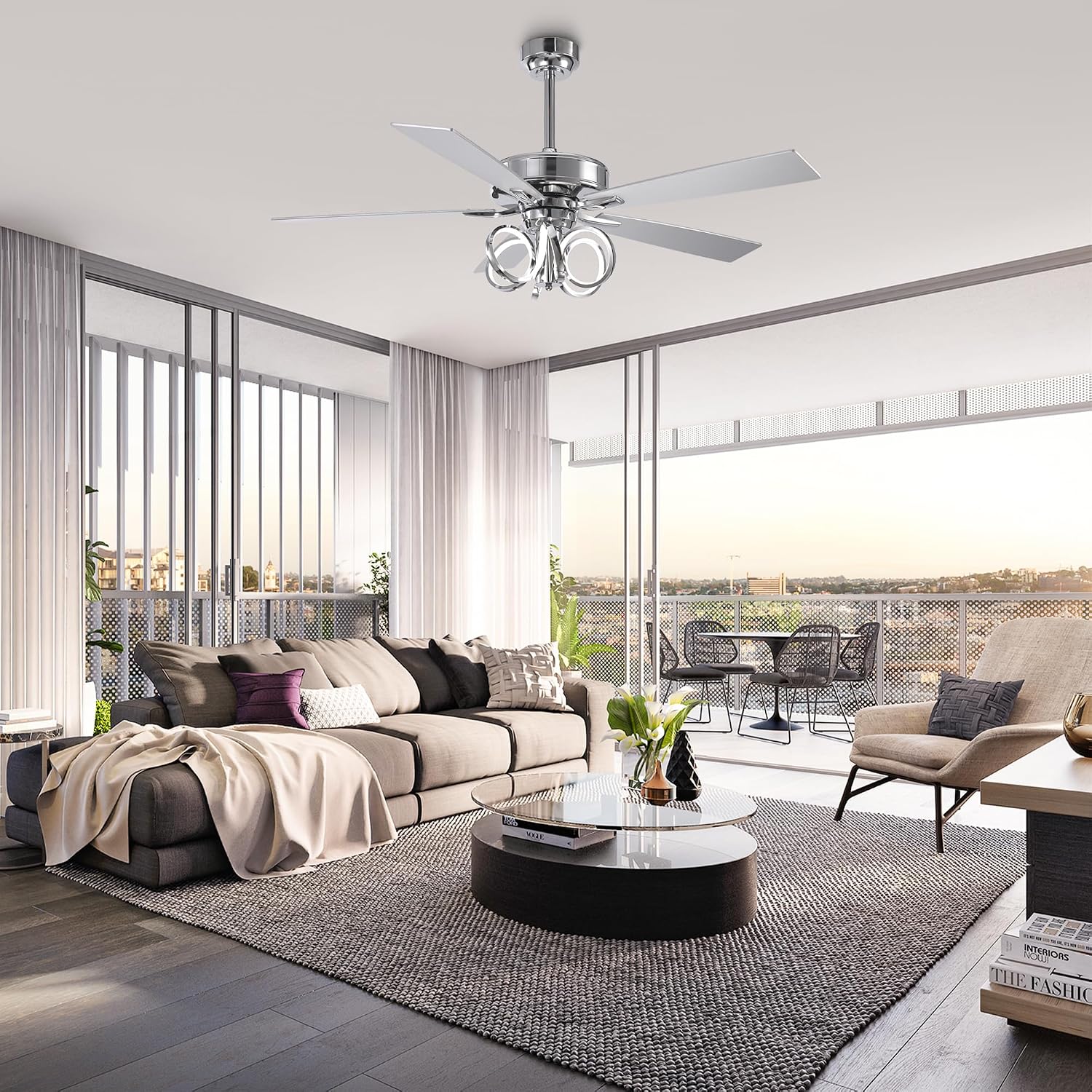 52 Inch Silver Ceiling Fans with Lights and Remote, Creative Modern Ceiling Fan for Bedroom Living Room with 3CCT, 6 Speeds, Timer, Dual-Sided Reversible 5 Blades Indoor Outdoor Chandelier Fan