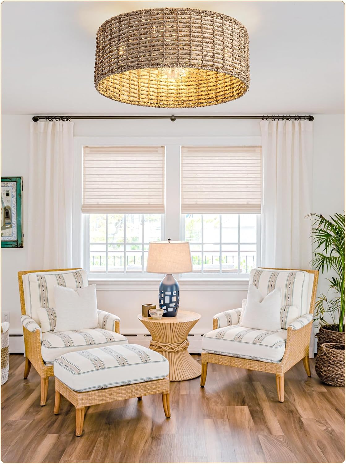 Handwoven Boho Rattan Ceiling Fan with Light,Flush Mount Caged Ceiling Fans with Lights and Remote Control,Low Profile Enclosed 6 Speeds Fandelier for Bedroom Living Dining Room,4-Light