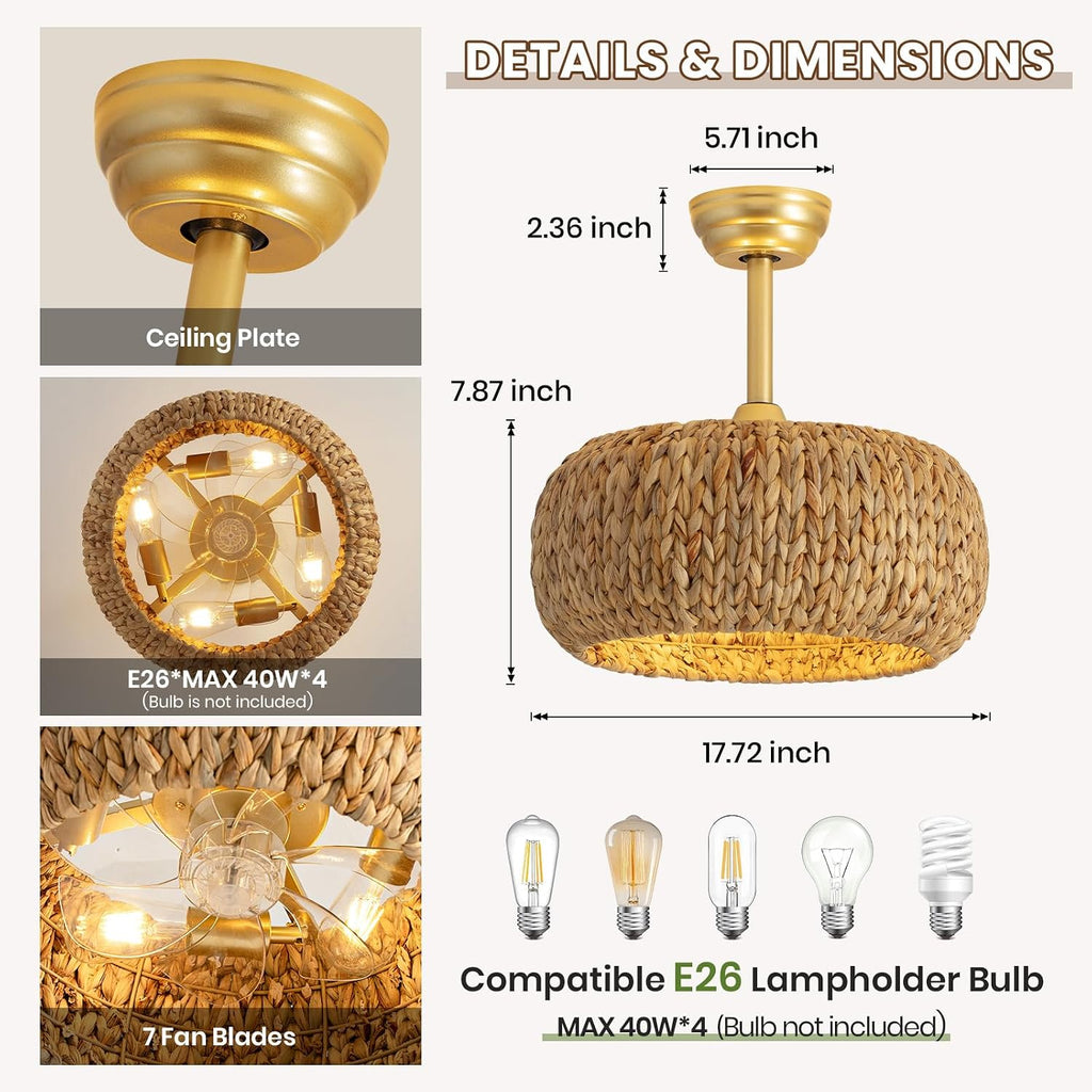 17.7' Caged Rattan Ceiling Fans with Lights, Boho Flush Mount Ceiling Fan with Light, Low Profile Chandelier 6 Speed Bladeless Reversible Ceiling Fan for Living Room Bedroom kitchen island dining room