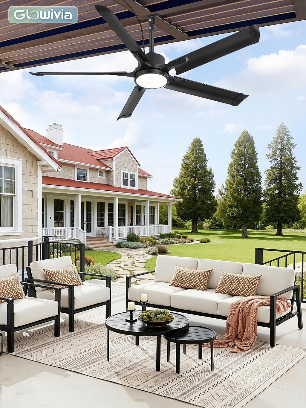 56' Outdoor Ceiling Fan with Lights, IP65 Waterproof Gazebo Fan with Remote Control 6-Speeds DC Motor, Black Plug in Hanging Fan for Patio Porch Pergola(Black)