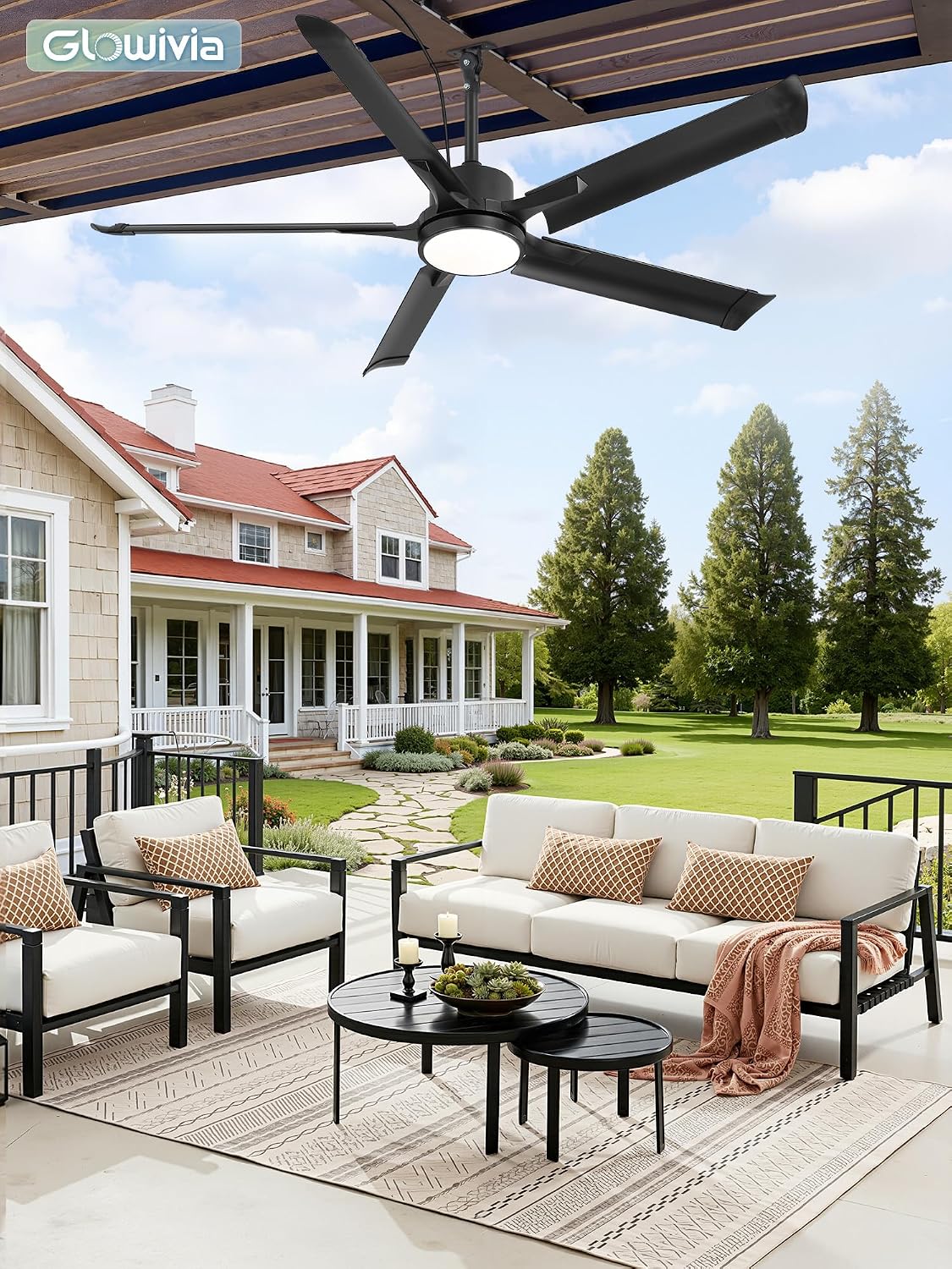 56' Outdoor Ceiling Fan with Lights, IP65 Waterproof Gazebo Fan with Remote Control 6-Speeds DC Motor, Black Plug in Hanging Fan for Patio Porch Pergola(Black)