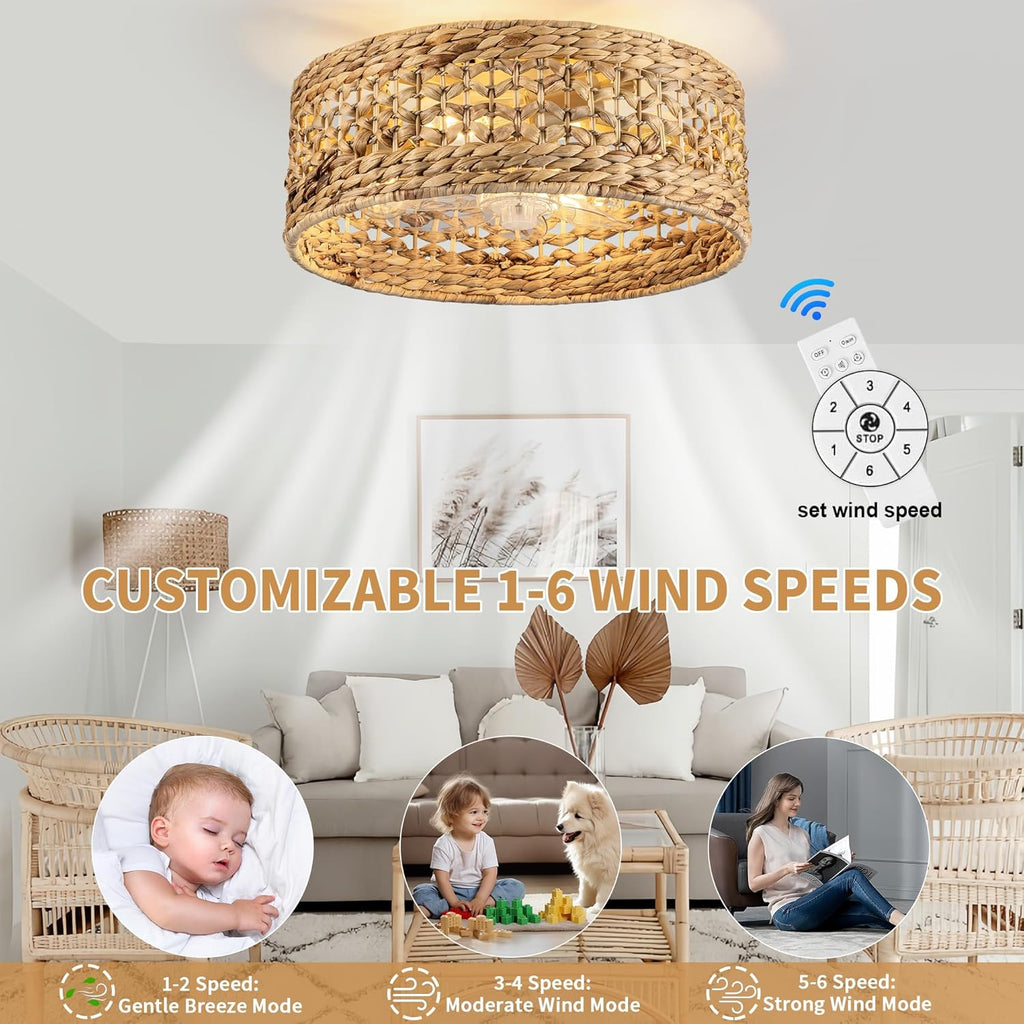 Handwoven Boho Ceiling Fan with Light,Rattan Caged Ceiling Fans with Lights and Remote Control Flush Mount Low Profile Enclosed 6 Speeds Fandelier for Bedroom,Living Room,Dining Room,4-Light