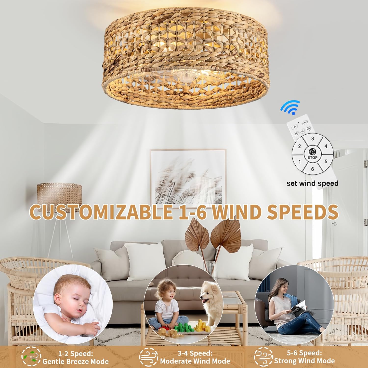 Handwoven Boho Ceiling Fan with Light,Rattan Caged Ceiling Fans with Lights and Remote Control Flush Mount Low Profile Enclosed 6 Speeds Fandelier for Bedroom,Living Room,Dining Room,4-Light