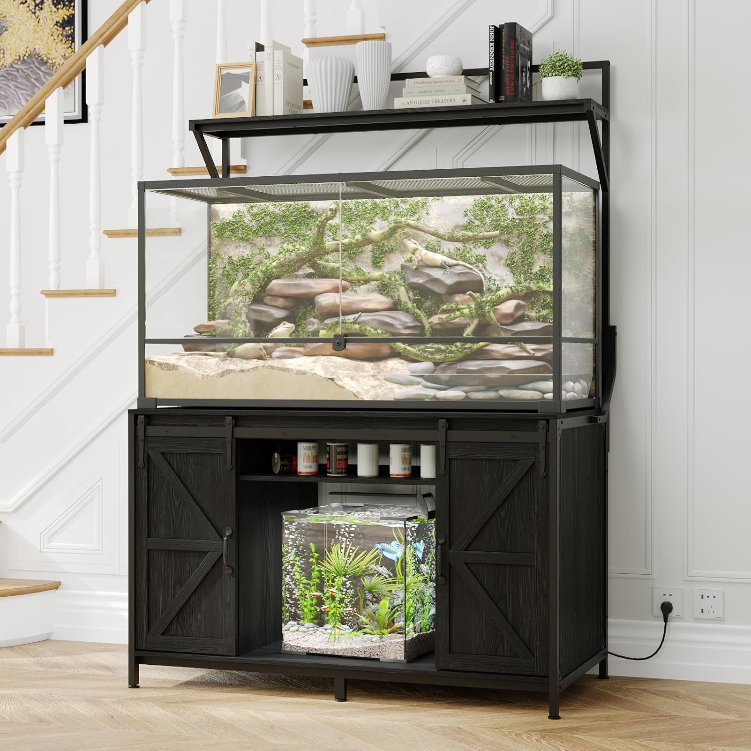 VOWNER Farmhouse Reptile Tank Stand with Power Outlet, 48' X 24' Tabletop Fits up 120 Gallon Bearded Dragon Tank, Heavy Duty Aquarium Stand with Storage Cabinet, Reptile Turtle Terrarium Stand Black