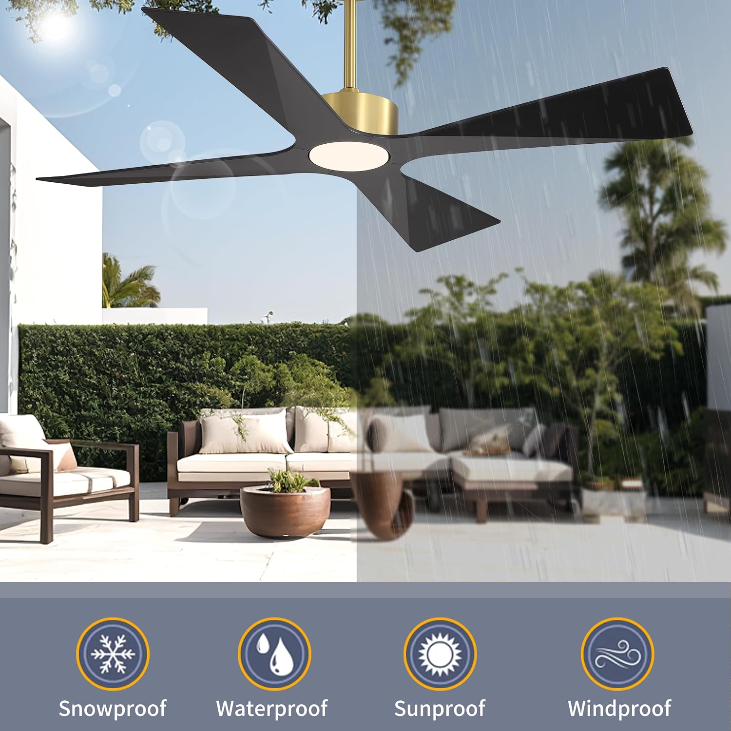 WINGBO 64' Wet Rated Outdoor Ceiling Fan with Lights, 4 ABS Plastic Blades, Reversible DC Motor, 6-Speed Remote Control, 3 CCT, Waterproof Ceiling Fan for Patio Porch Gazebo Garage, Brass and Black