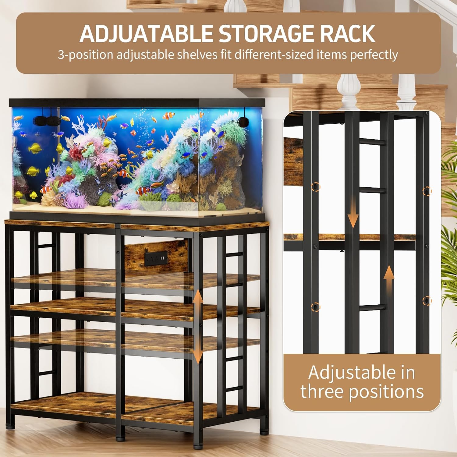Reinforced 40-50 Gallon Aquarium Stand with Power Outlet, Ultra-Stable 720LBS Capacity Metal Fish, Tank Stand for Reptile/Aquatic Setups, 5-Tier Adjustable 37'x19' Steel Shelving System