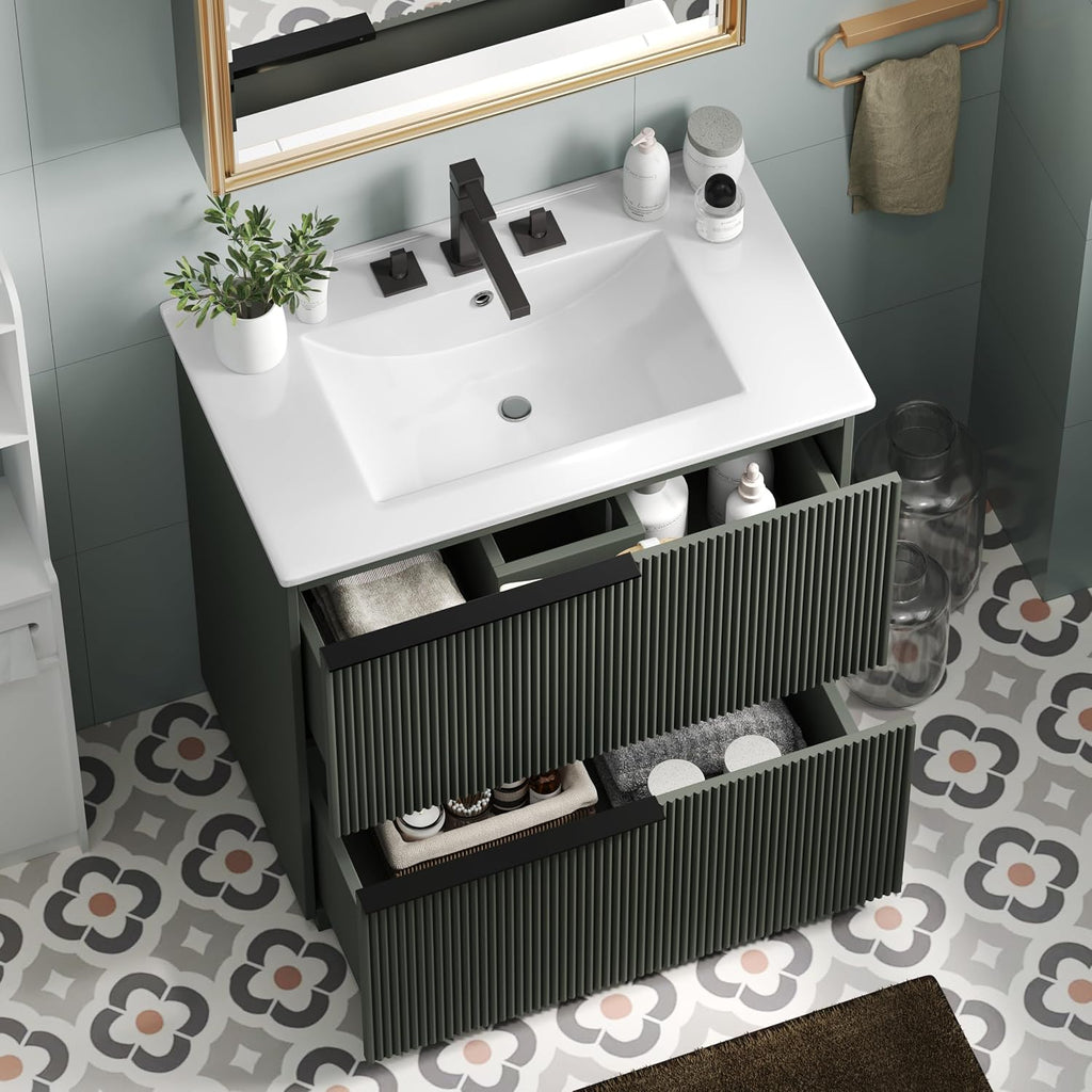 30' Bathroom Vanity Cabinet, Ceramic Sink Top, Fluted Front, 2 Full-Extension Drawers, Perfect for Master Suite, Cozy Guest Bath, or Compact Powder Room