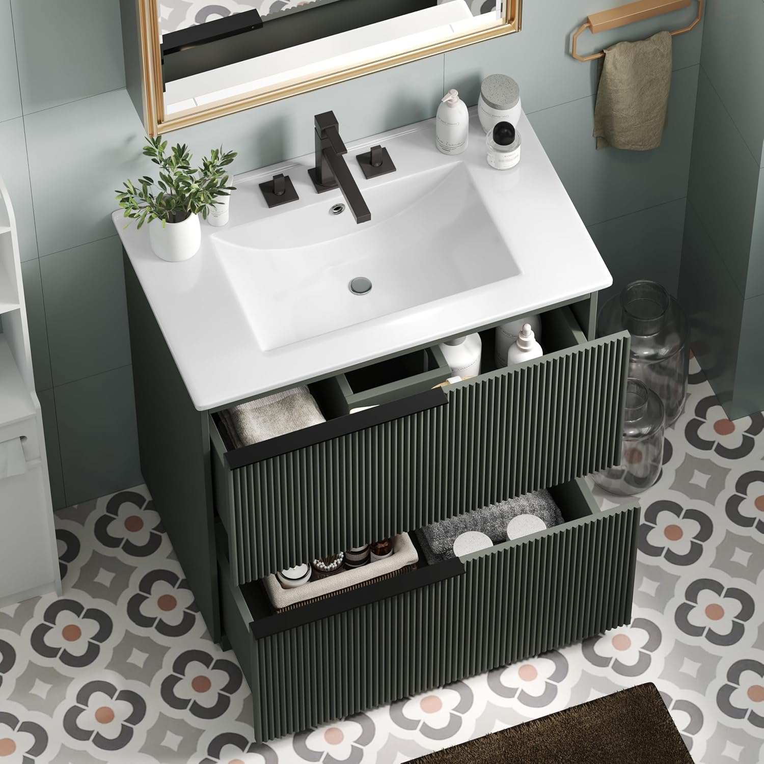 30' Bathroom Vanity Cabinet, Ceramic Sink Top, Fluted Front, 2 Full-Extension Drawers, Perfect for Master Suite, Cozy Guest Bath, or Compact Powder Room