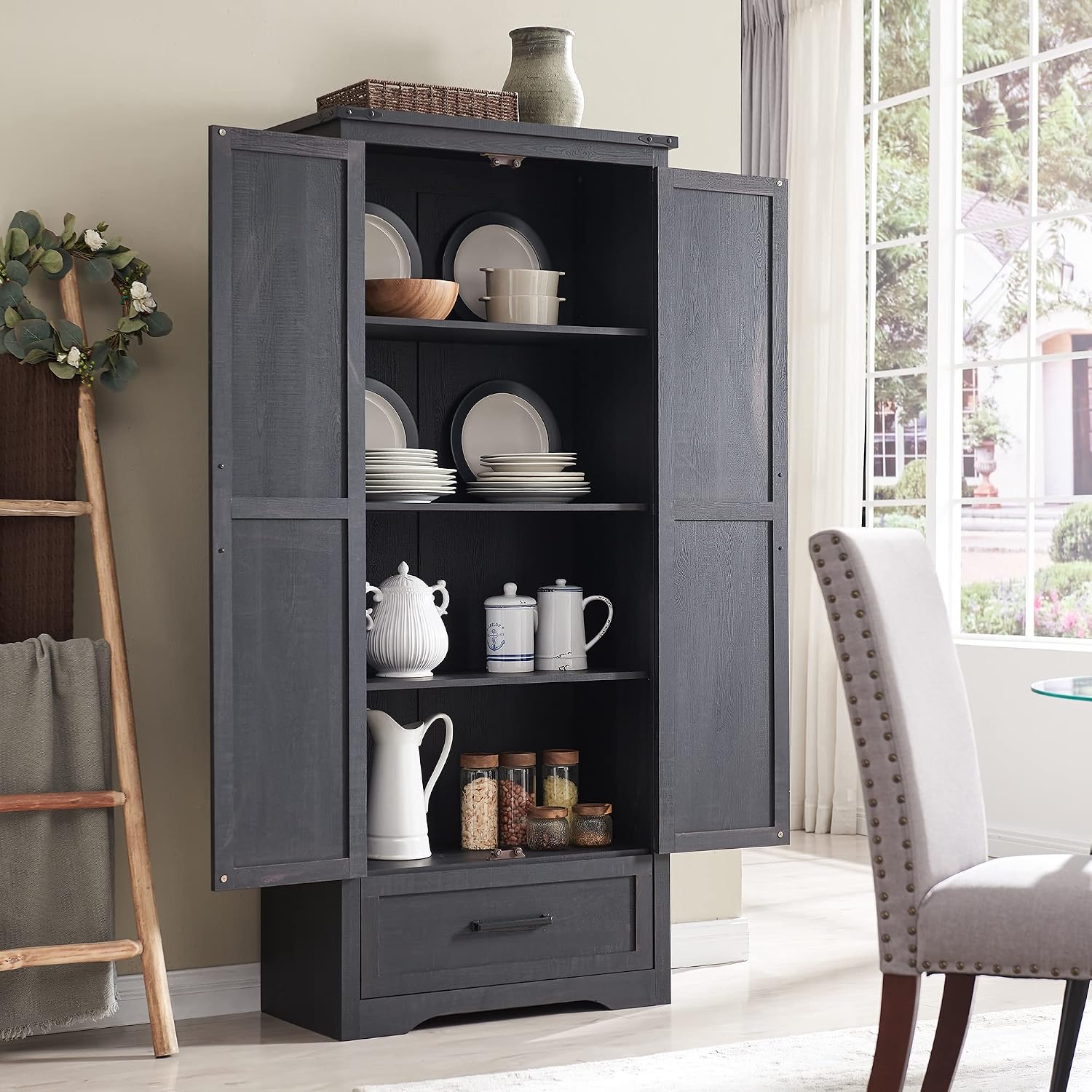 Farmhouse Kitchen Pantry Cabinet - 72' Tall Wood Kitchen Storage Cabinets with Adjustable Shelves & 2 Barn Doors & Drawer, Versatile Storage for Dining Room, Bathroom, Utility Room, Antique Black | Large