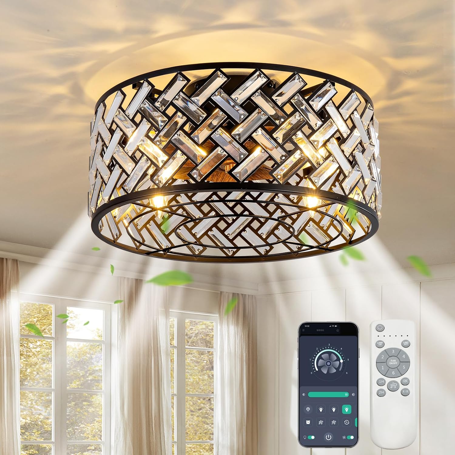 Modern Chandelier Crystal Ceiling Fans with Lights and Remote, 18.7-Inch Low Profile Bladeless Flush Mount Caged Ceiling Fan for Bedroom, Kitchen,Living Room,Small Ceiling Fan with Light with 6 Speed